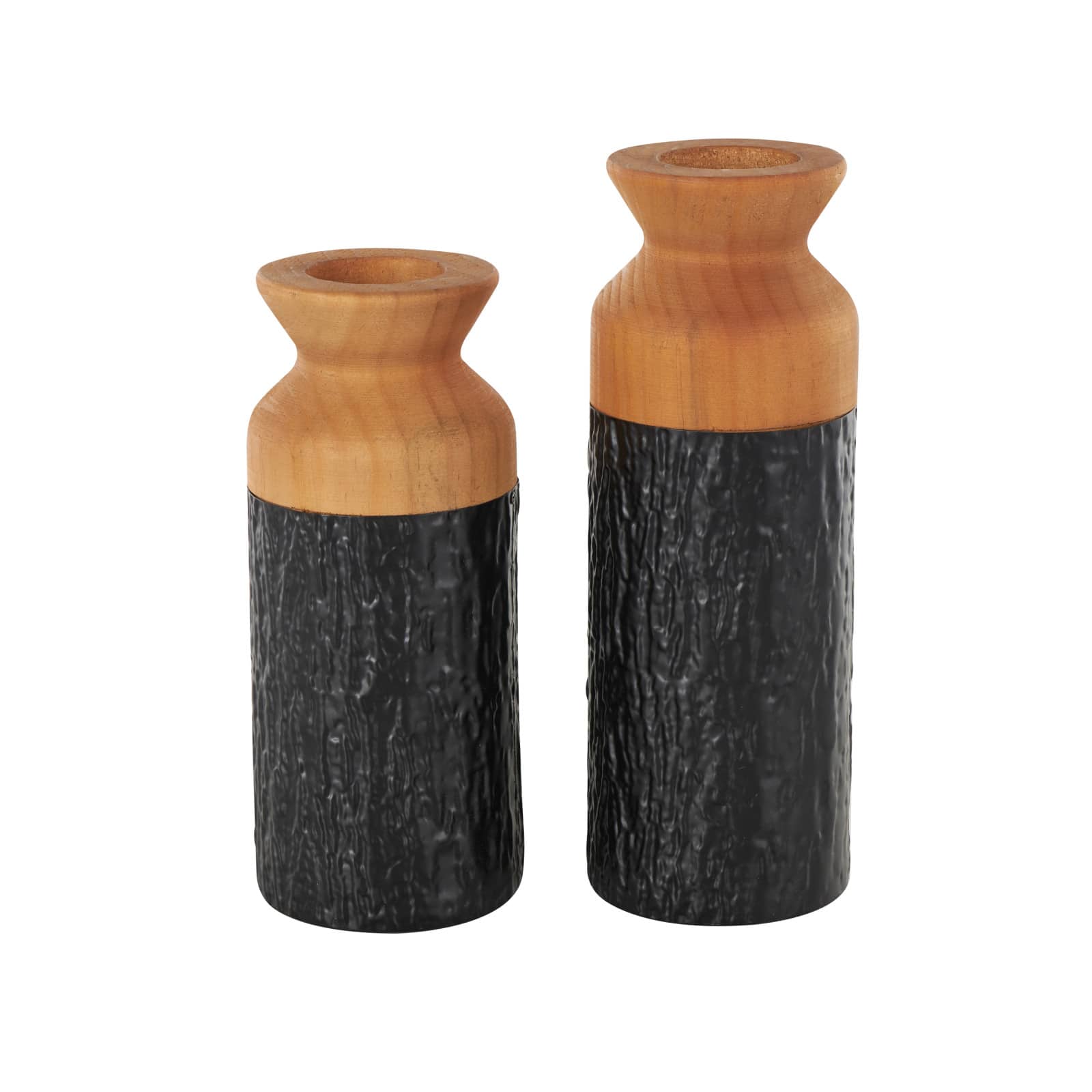 Black & Natural Textured Color Block Metal & Wood Vase Set