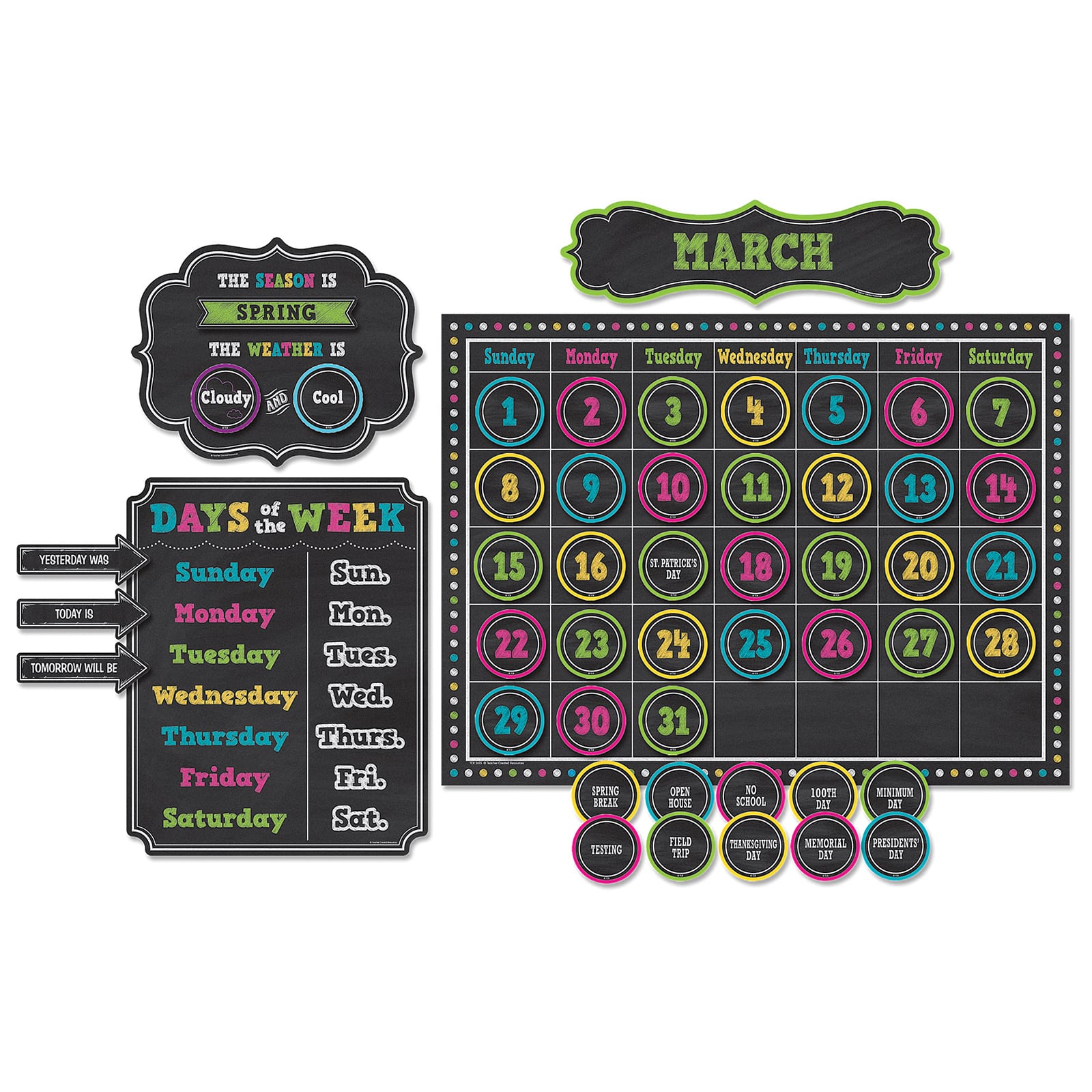 Teacher Created Resources® Chalkboard Brights Calendar Bulletin Board Display Set, Pack of 2