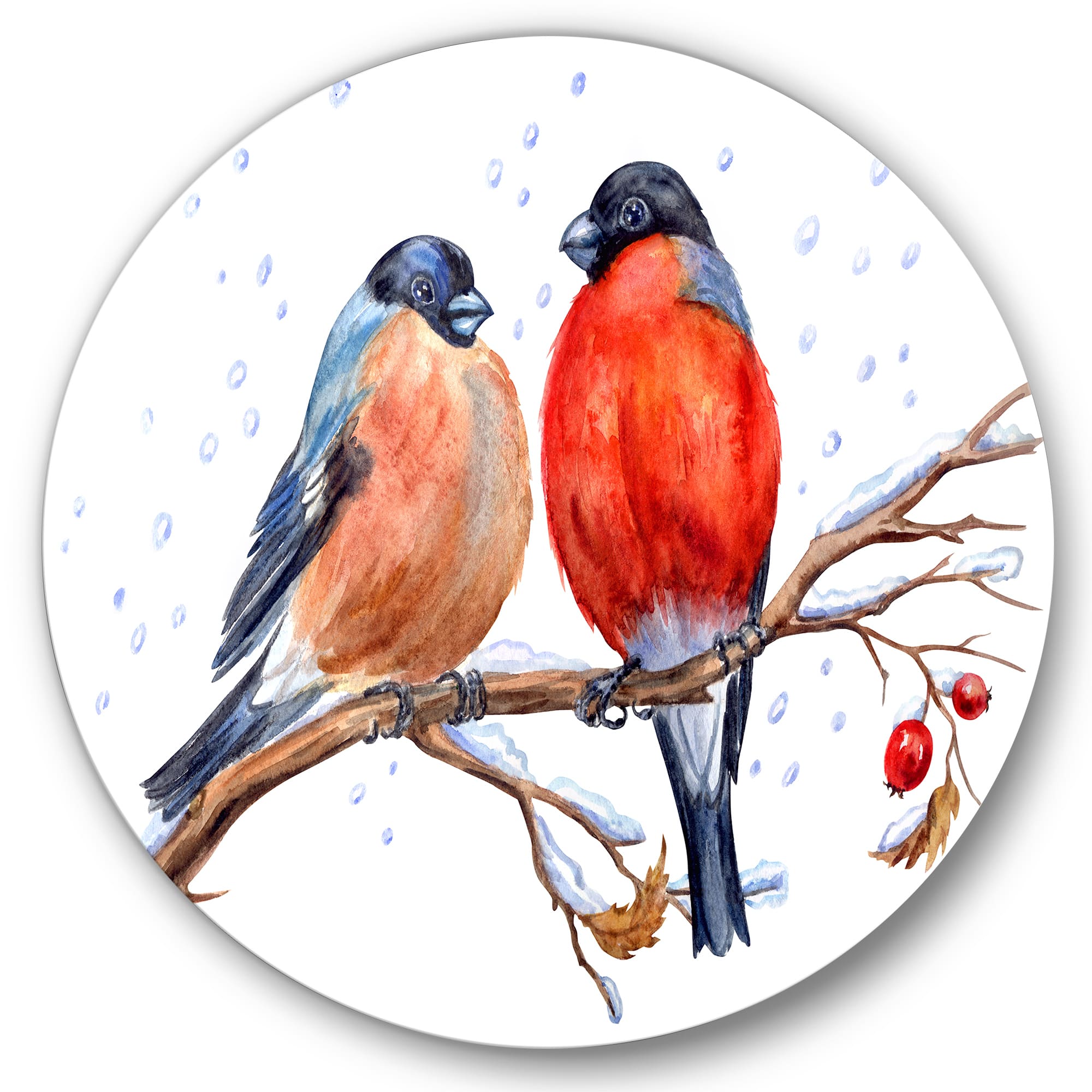 Designart - Two Bullfinches On A Hawthorn Branch with Snowfall - Traditional Metal Circle Wall Art