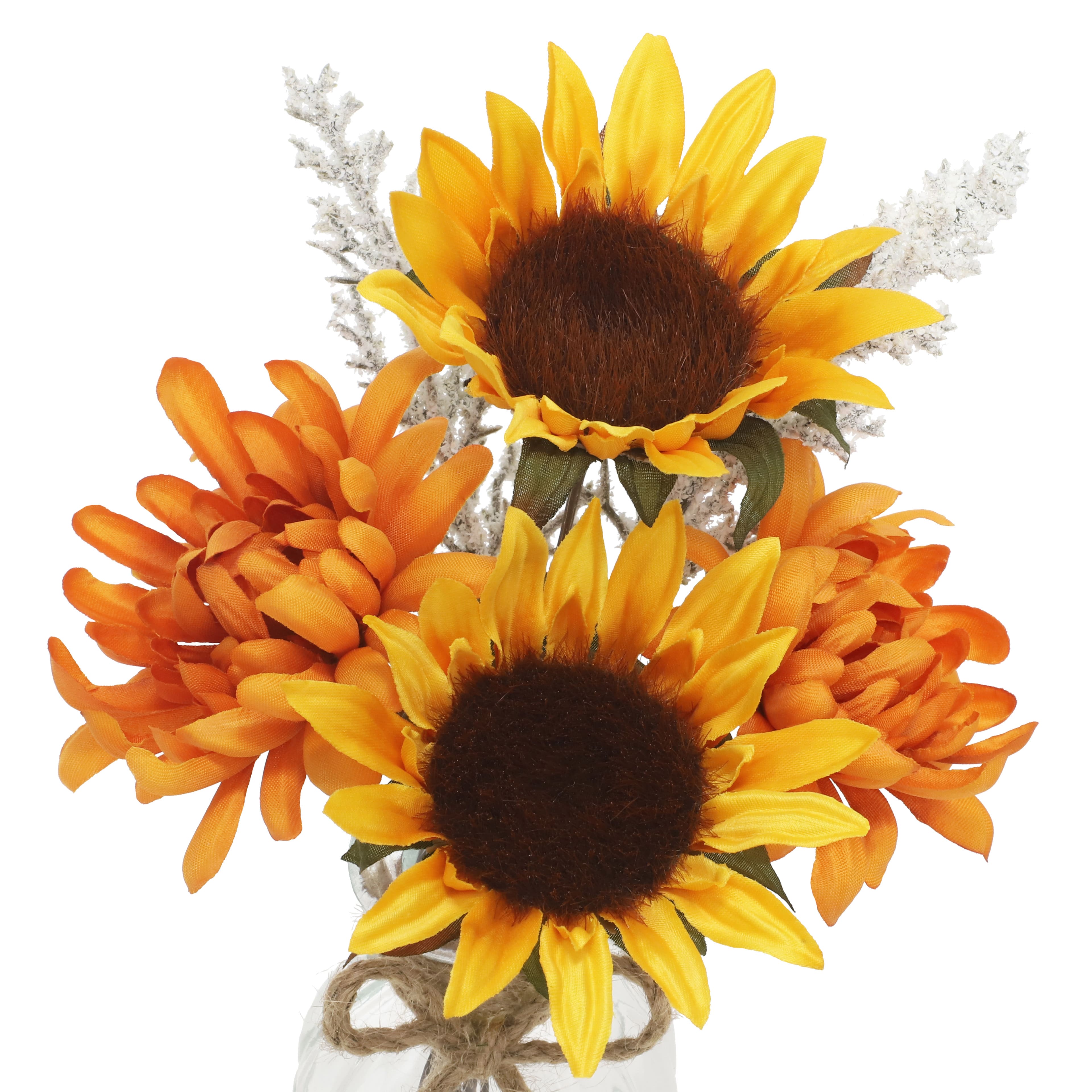 11" Premade Yellow & Orange Sunflower & Mum in Glass Bottle by Ashland®