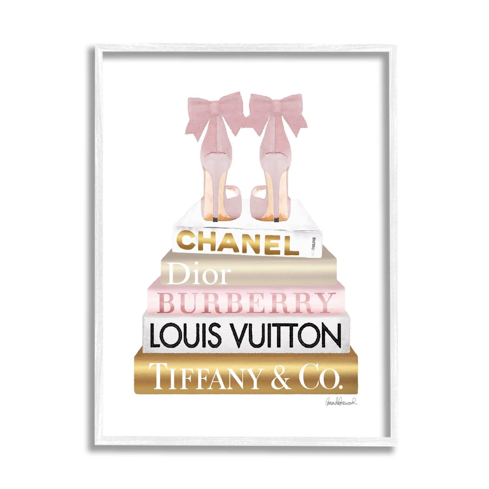 Stupell Industries Pink Gold Heels Bookstack Glam Fashion Design Framed Wall Art