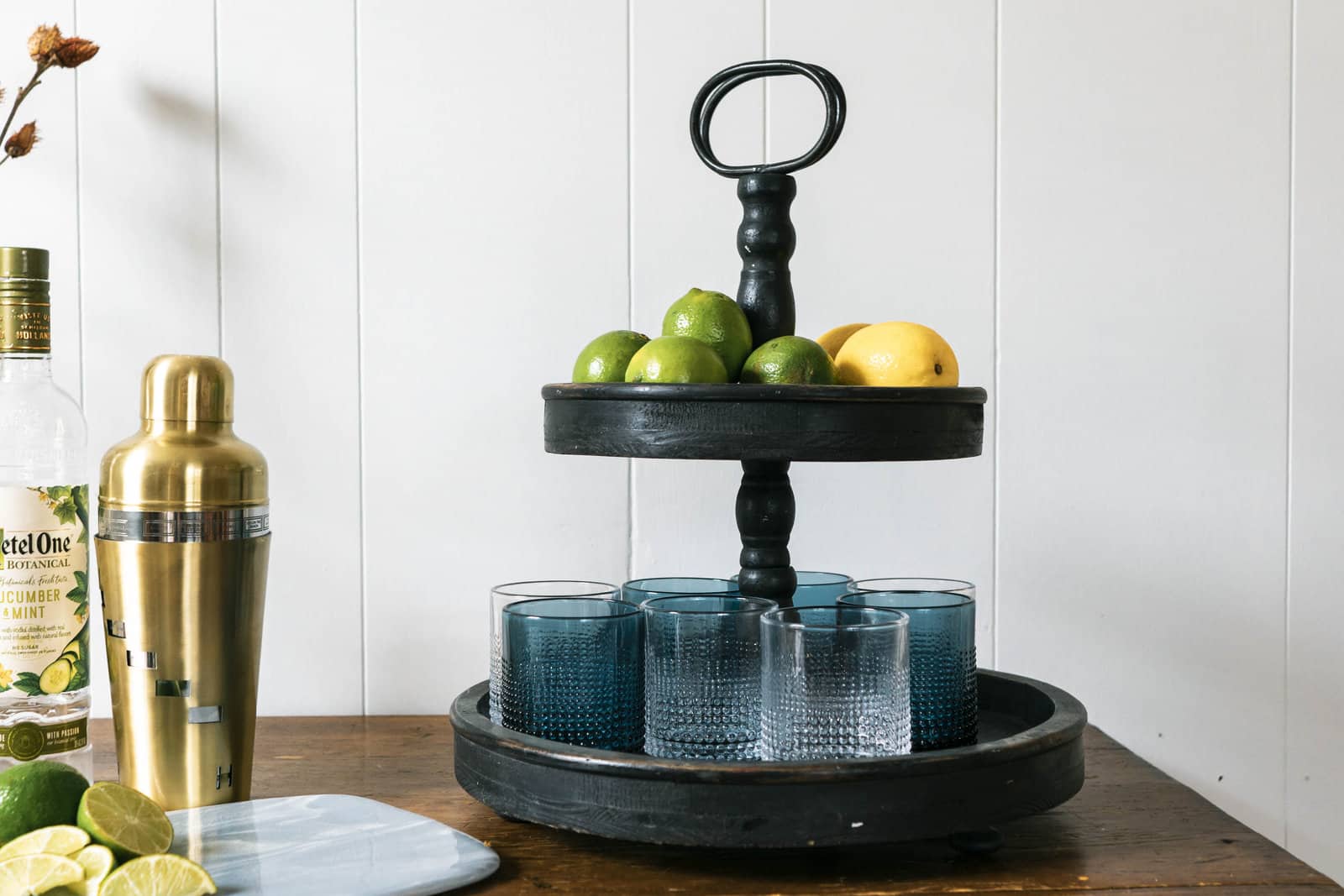 Hello Honey® 18.5" Distressed Black Wood 2-Tier Tray