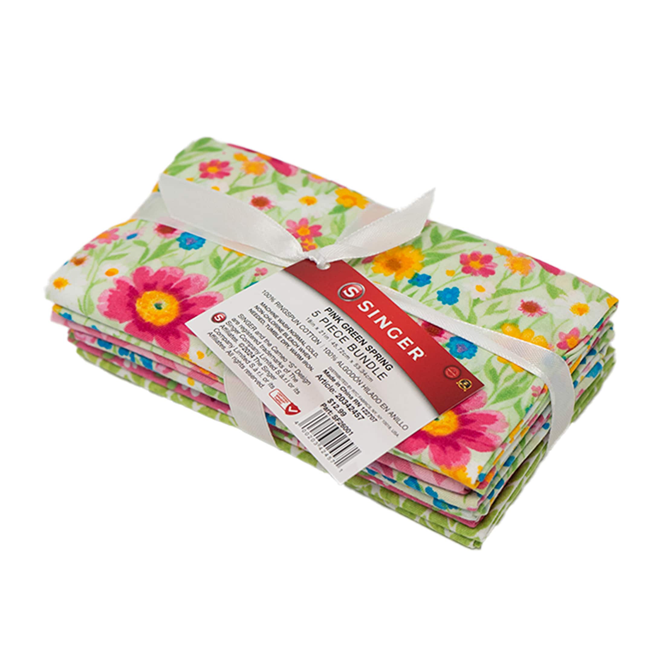 SINGER Pink Green Spring Print Ringspun Cotton Fabric Bundle