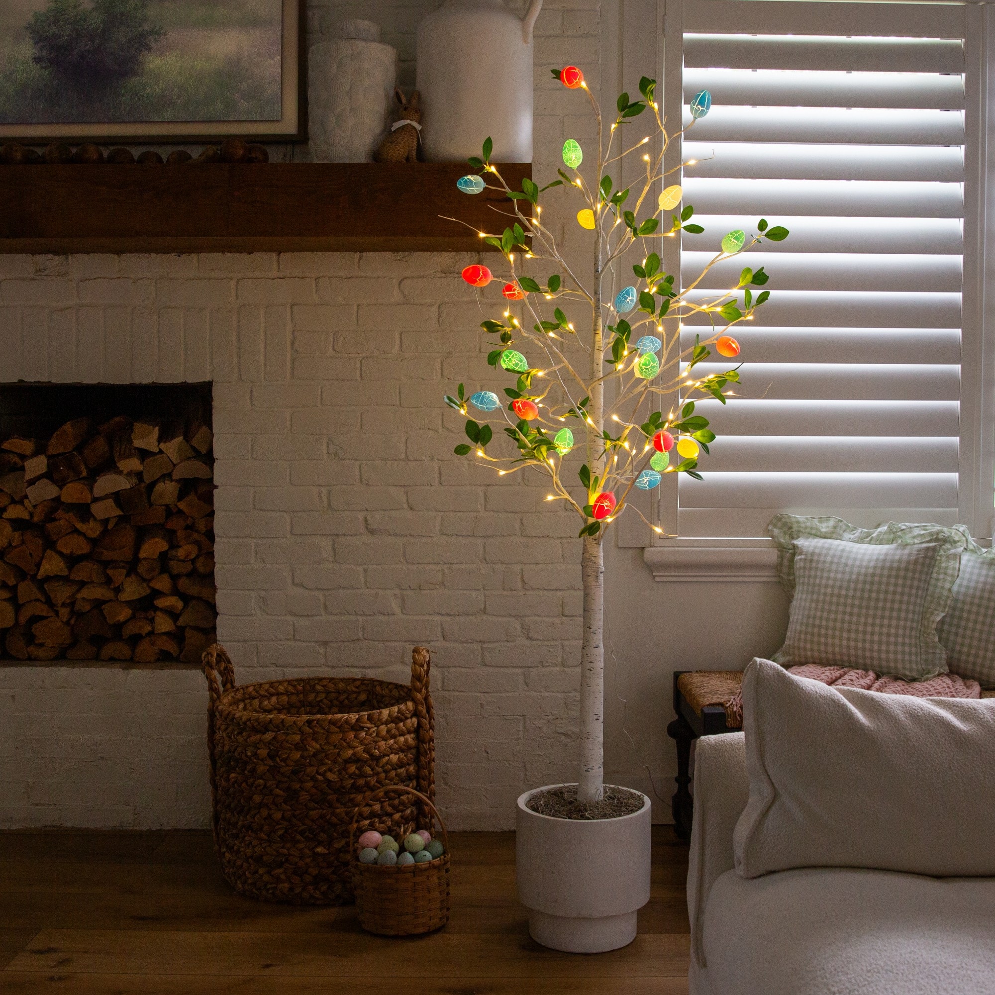 6ft. Pre-Lit Artificial Blooming Easter Egg Twig Tree with 96 Warm White LED Lights