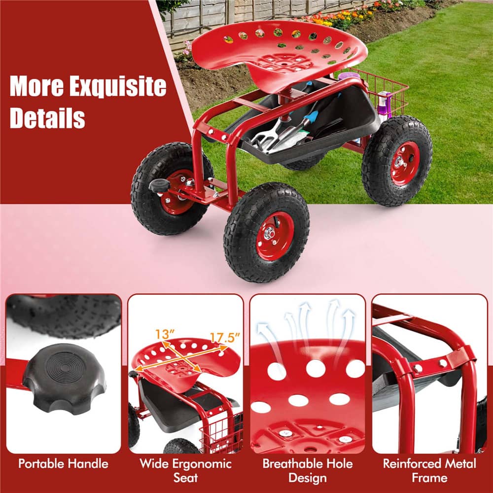 Costway Garden Cart Patio Wagon Rolling Work Seat with Tool Tray Basket