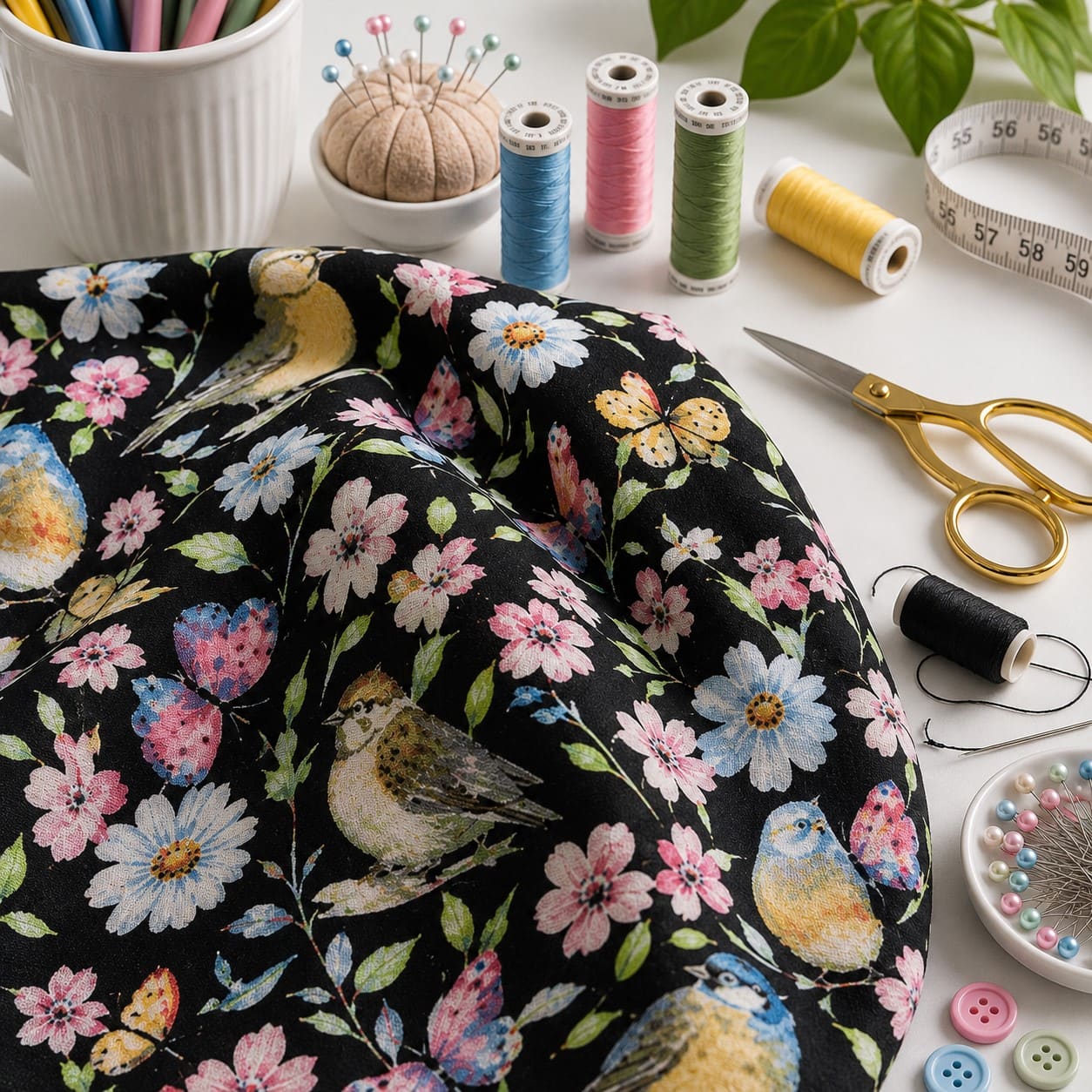 Black Spring Floral Birds Craft Cotton Fabric