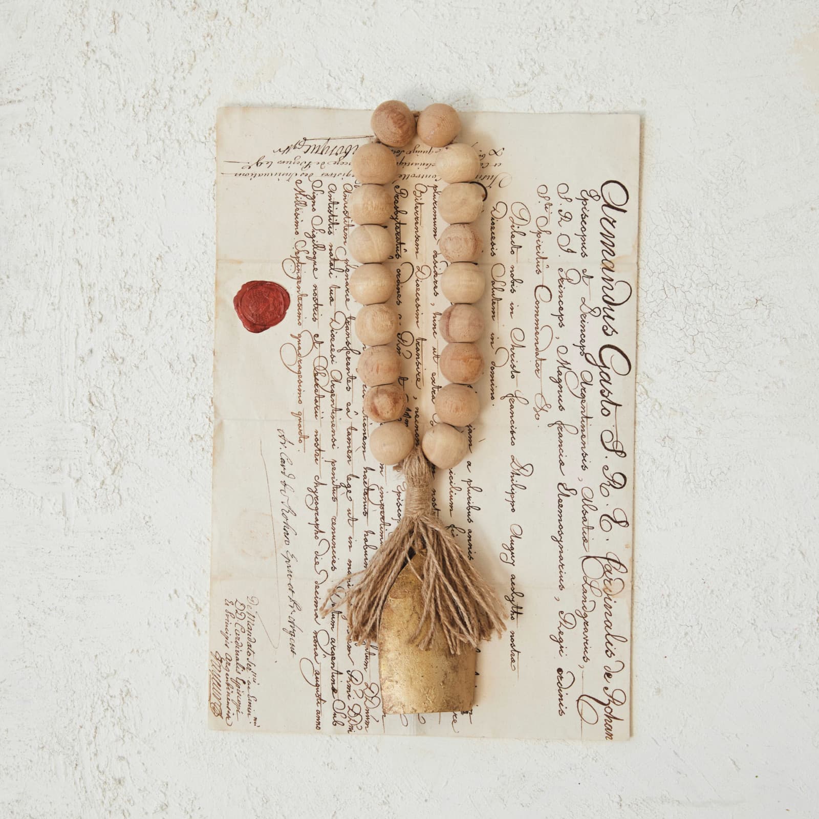 Hello Honey® 13" Antique Gold Finish Metal Bell & Mango Wood Bead Door Hanger with Jute Fringe