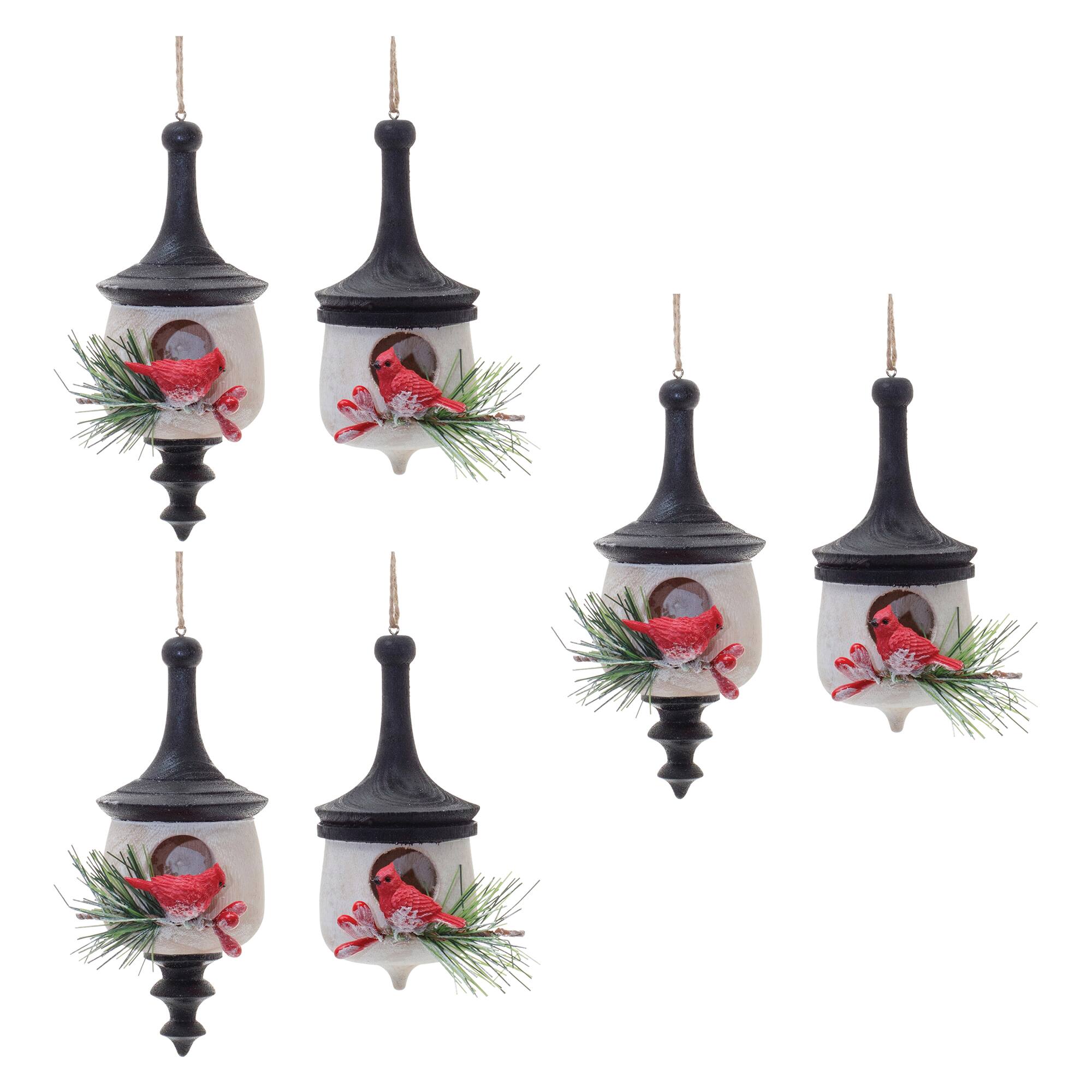Wood Finial Birdhouse with Cardinal Ornaments Set