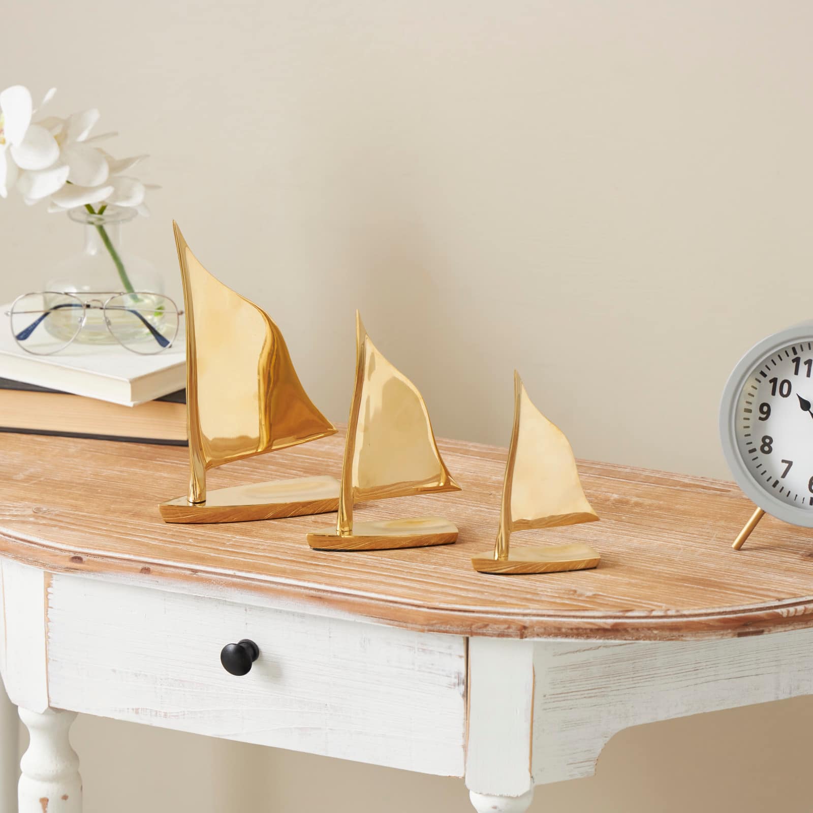 Gold Metal Sail Boat Sculpture Set