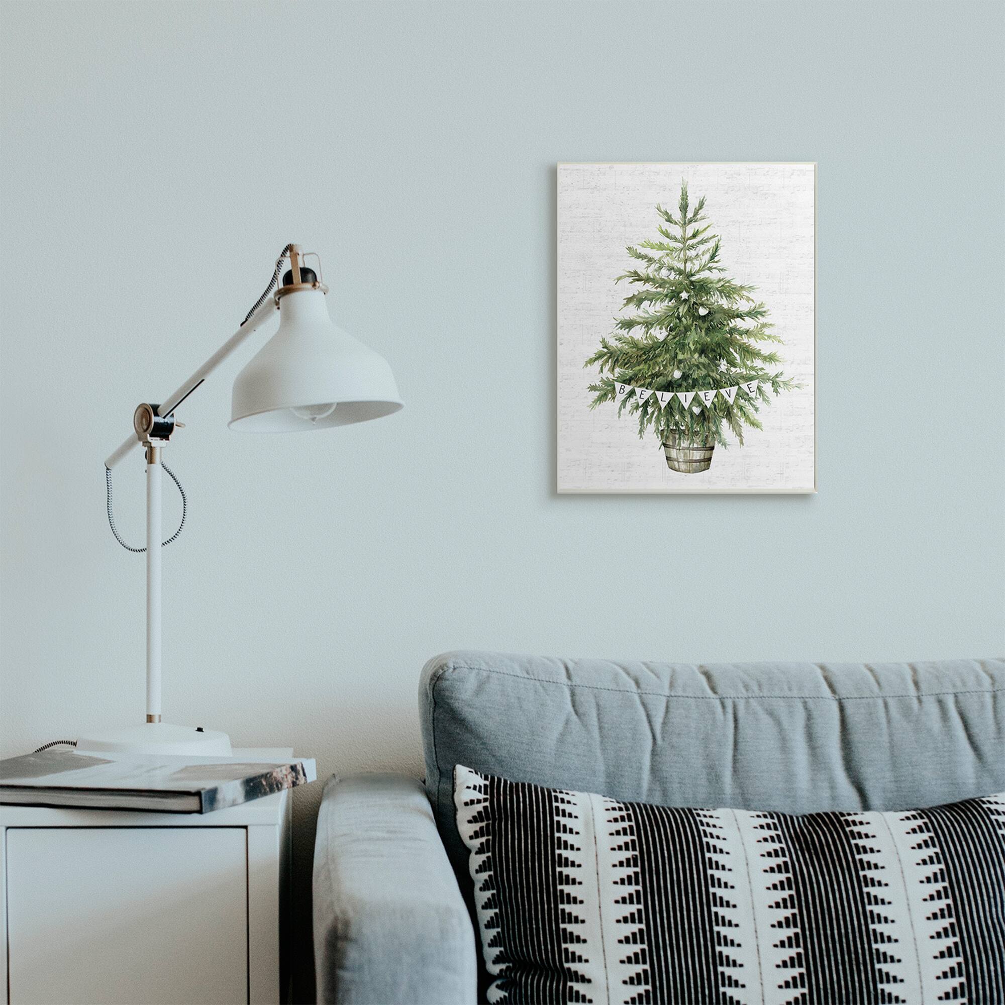 Stupell Industries Holiday Green Fir Tree with Believe Phrase Wood Wall Plaque