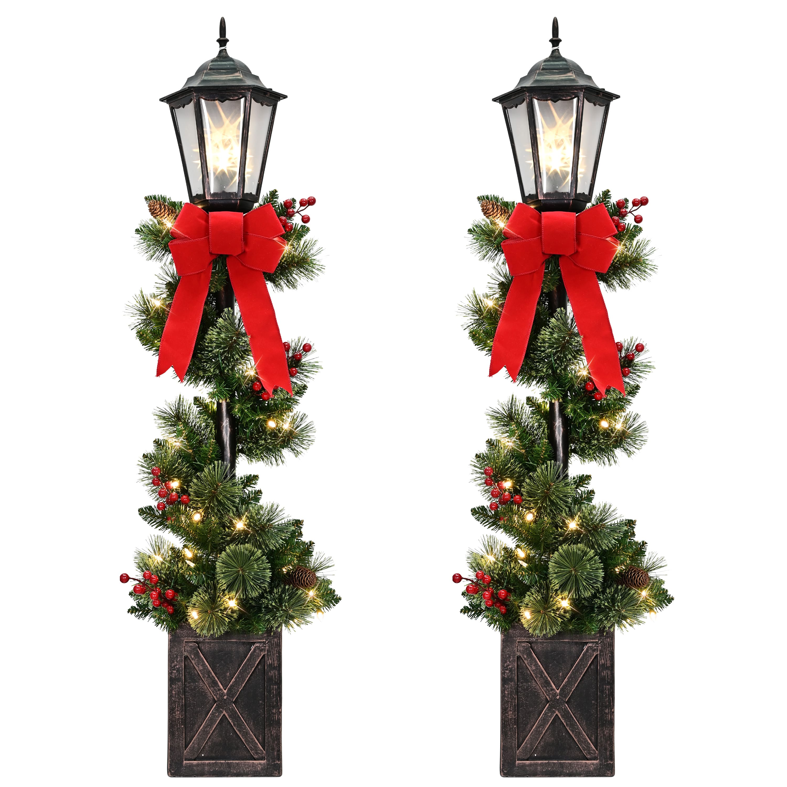 Puleo International 4ft. Pre-Lit Pinecones, Berries & Red Bow Artificial Spiral Lamp Post Trees, 2ct.