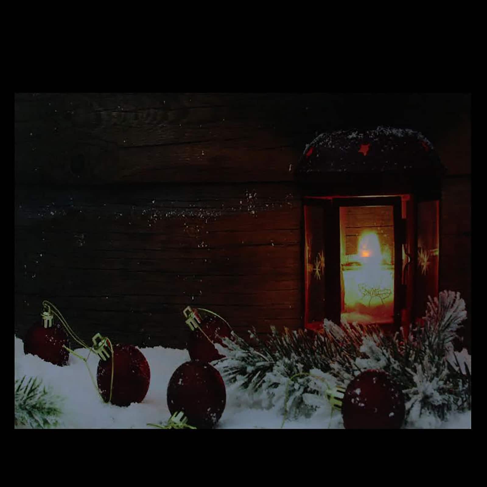 LED Lighted Candle Lantern In The Wintry Outdoors Christmas Canvas Wall Art