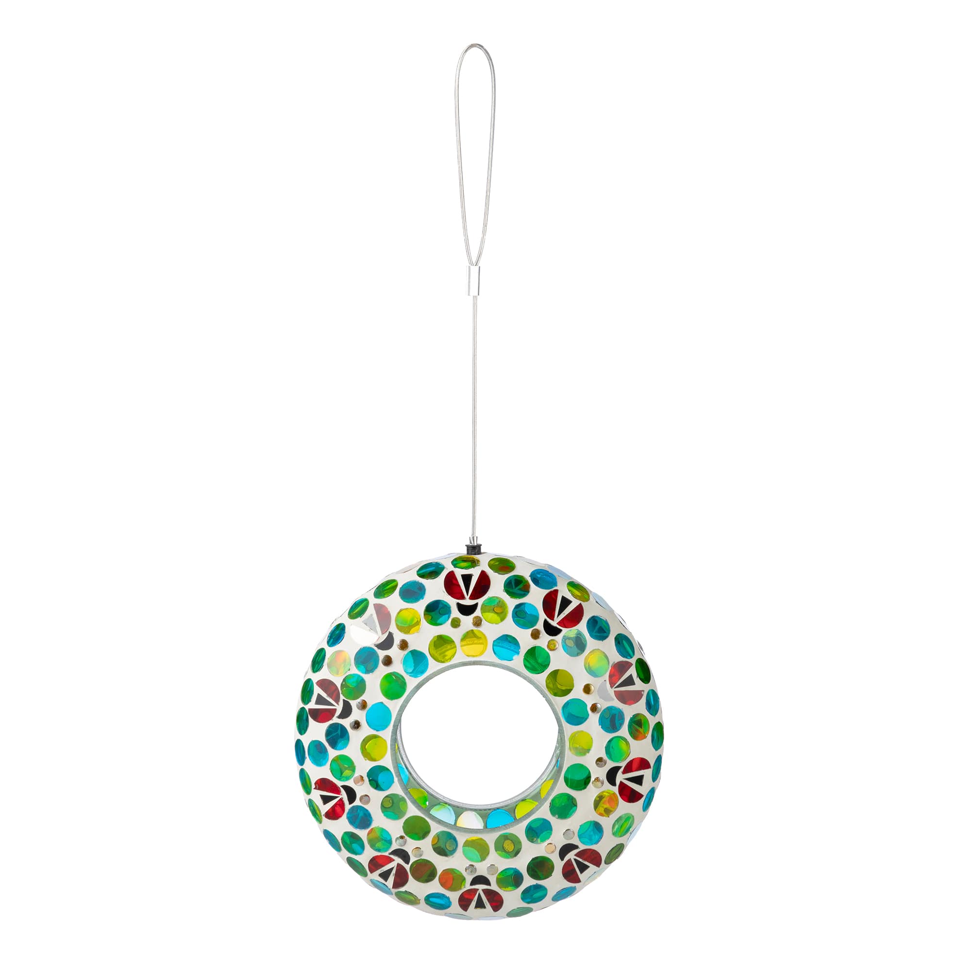 Glitzhome® 8" Glass Round Hanging Dots & Ladybugs Multi-Color Mosaic Birdfeeder