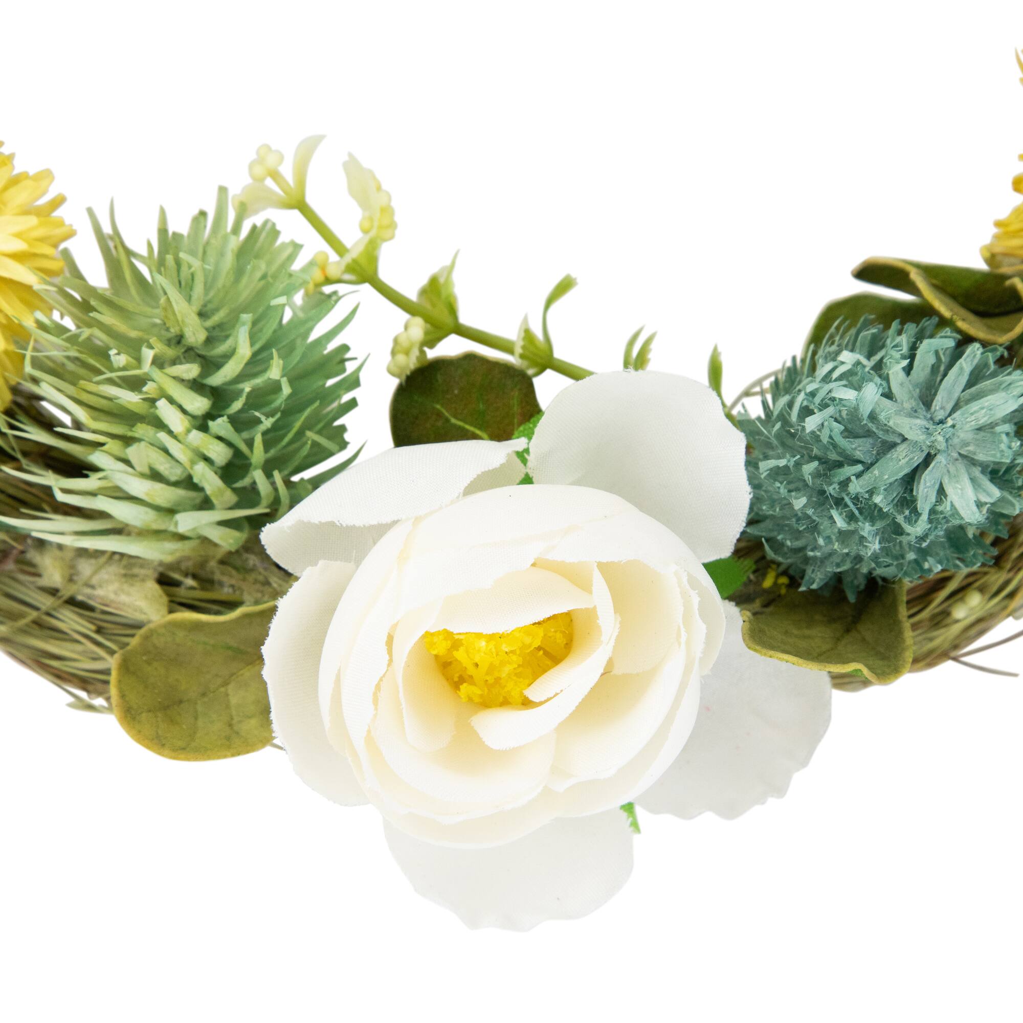 9" Cream Rose, Green & Yellow Thistle Hanging Spring Wreath