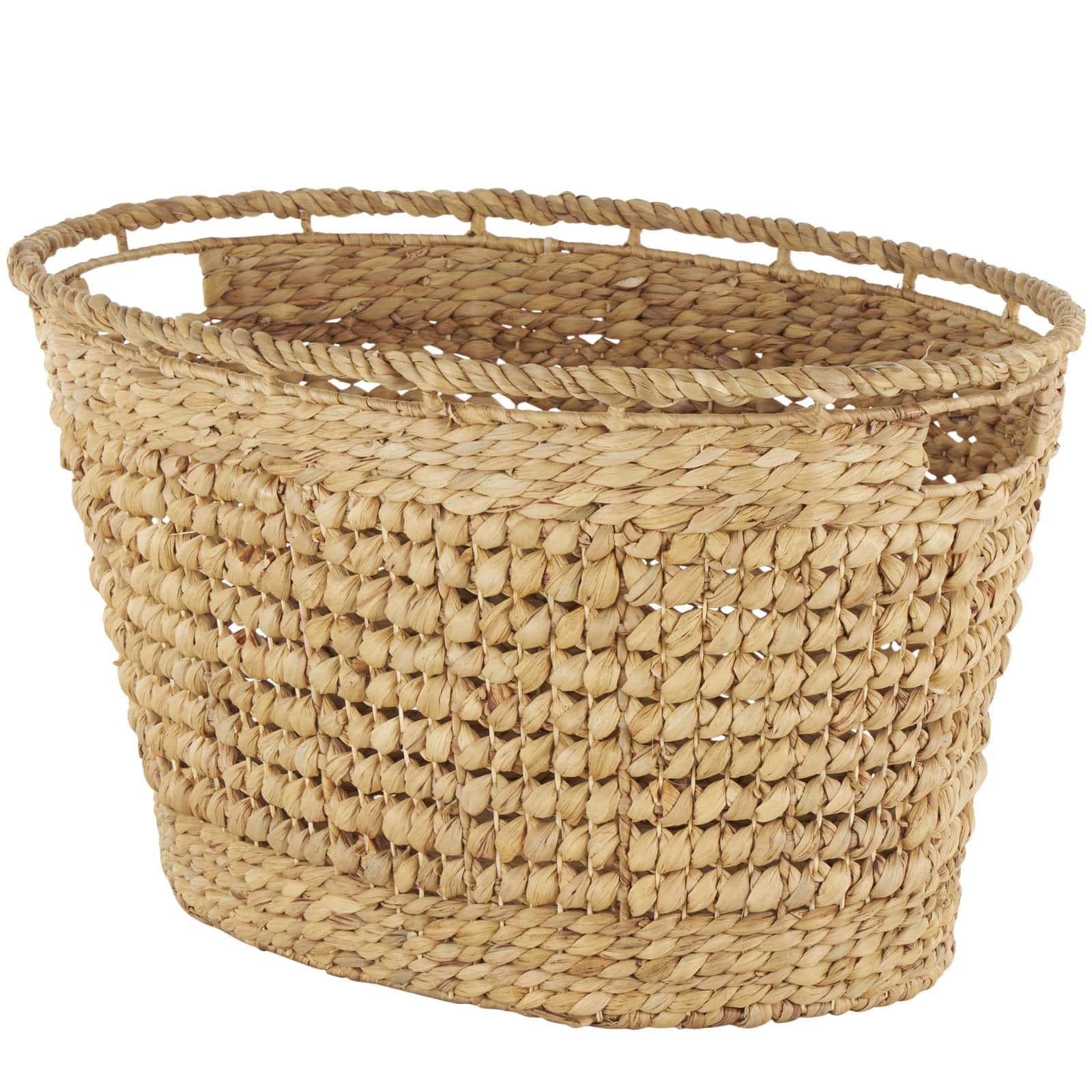 30" Brown Seagrass Handmade Woven Oval Storage Basket with Elevated Rim & Slot Handles