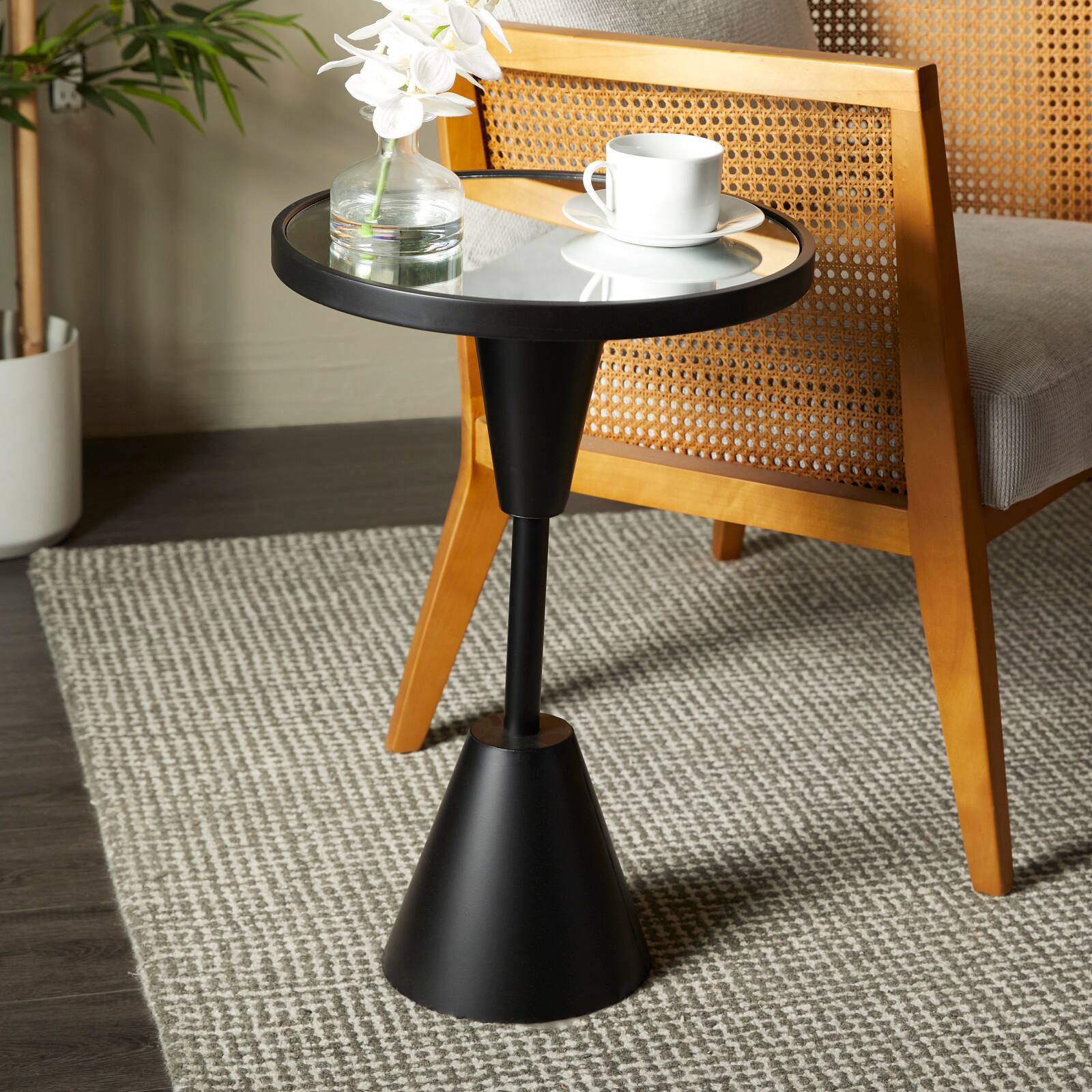 Black Metal Pedestal Base Accent Table with Mirrored Glass Top 16" x 16" x 24"