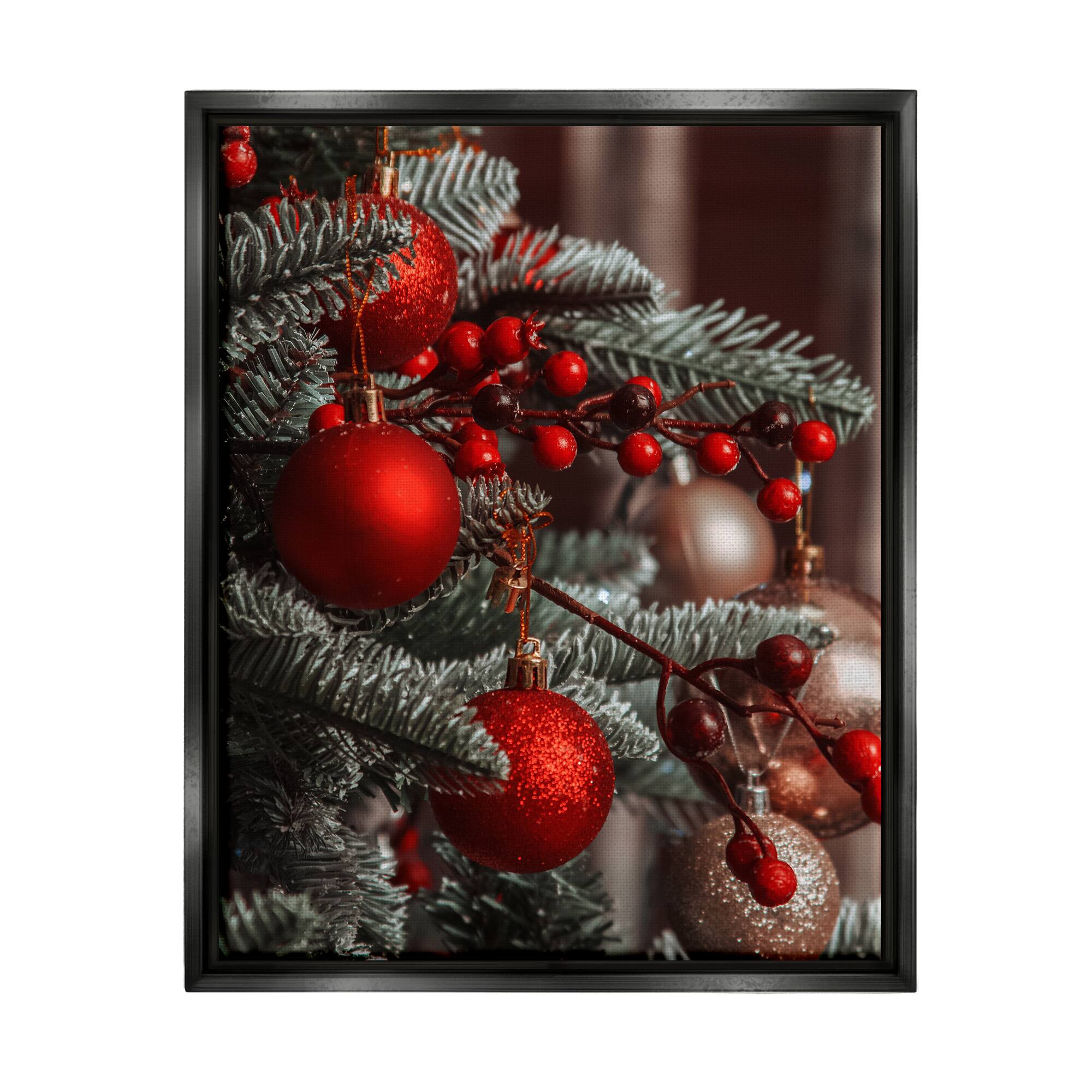 Stupell Industries Hanging Red Ornaments Christmas Tree Framed Floater Canvas Wall Art
