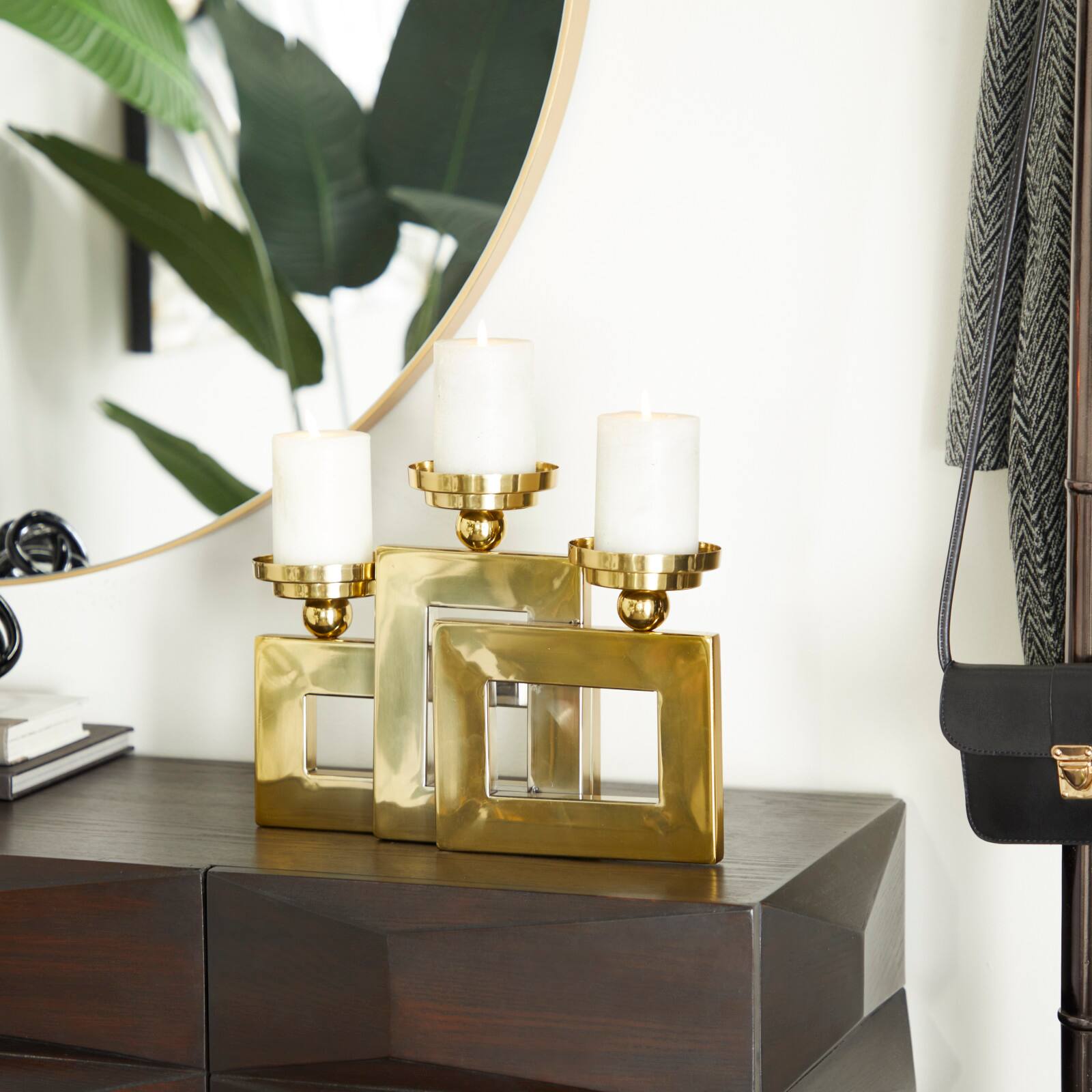 Gold Stainless Steel Modern Candle Holder, 14" x 14" x 6"