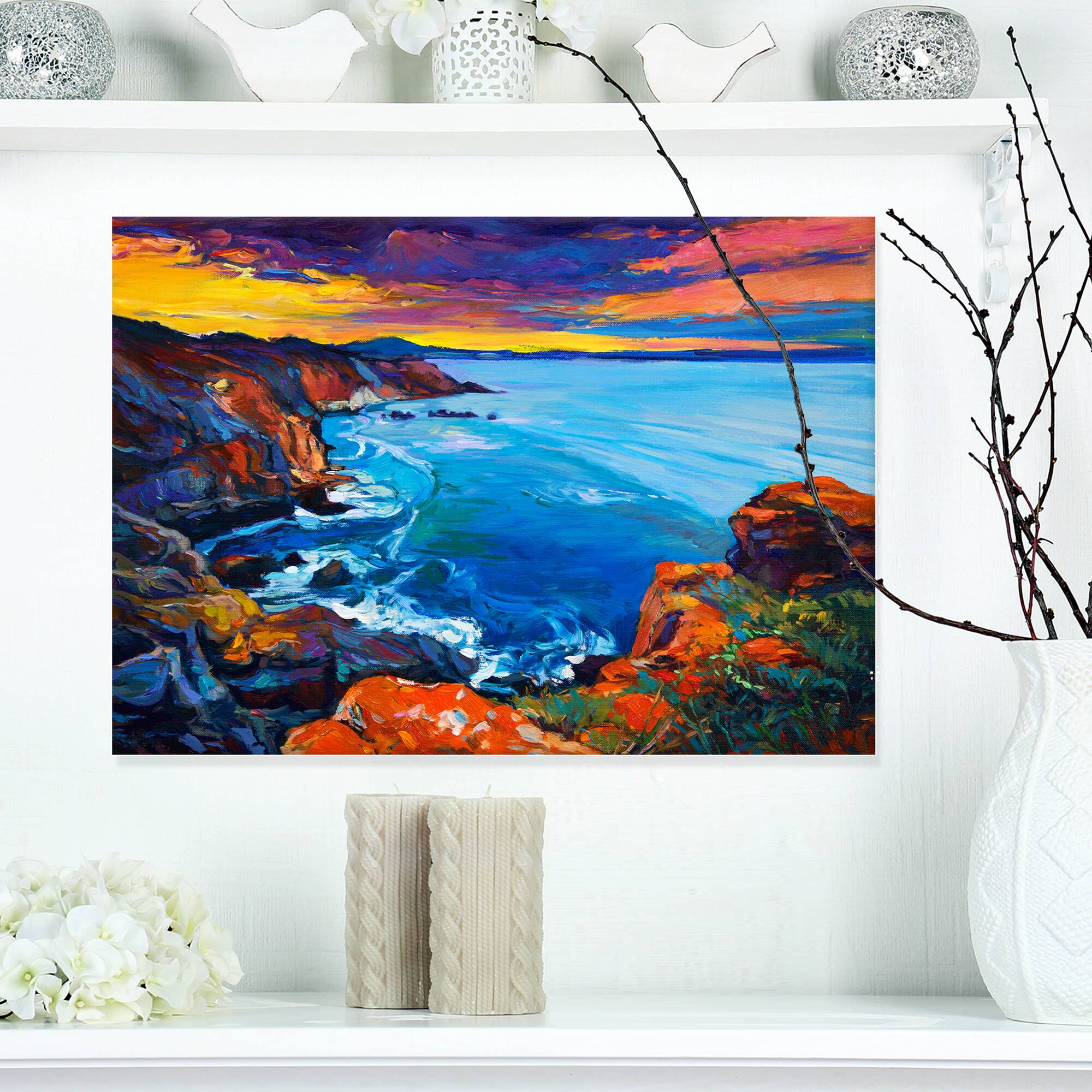Designart - Rich Golden Sunset Over Ocean and Cliffs
