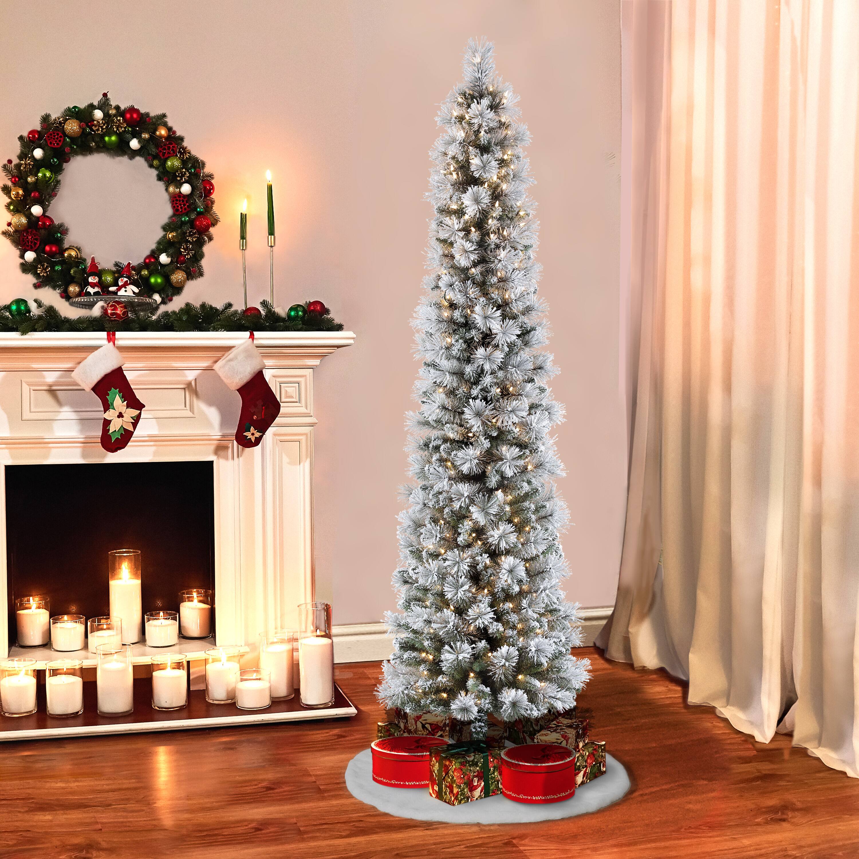 7.5ft. Pre-Lit Flocked Portland Pine Slim Artificial Christmas Tree, Clear Lights
