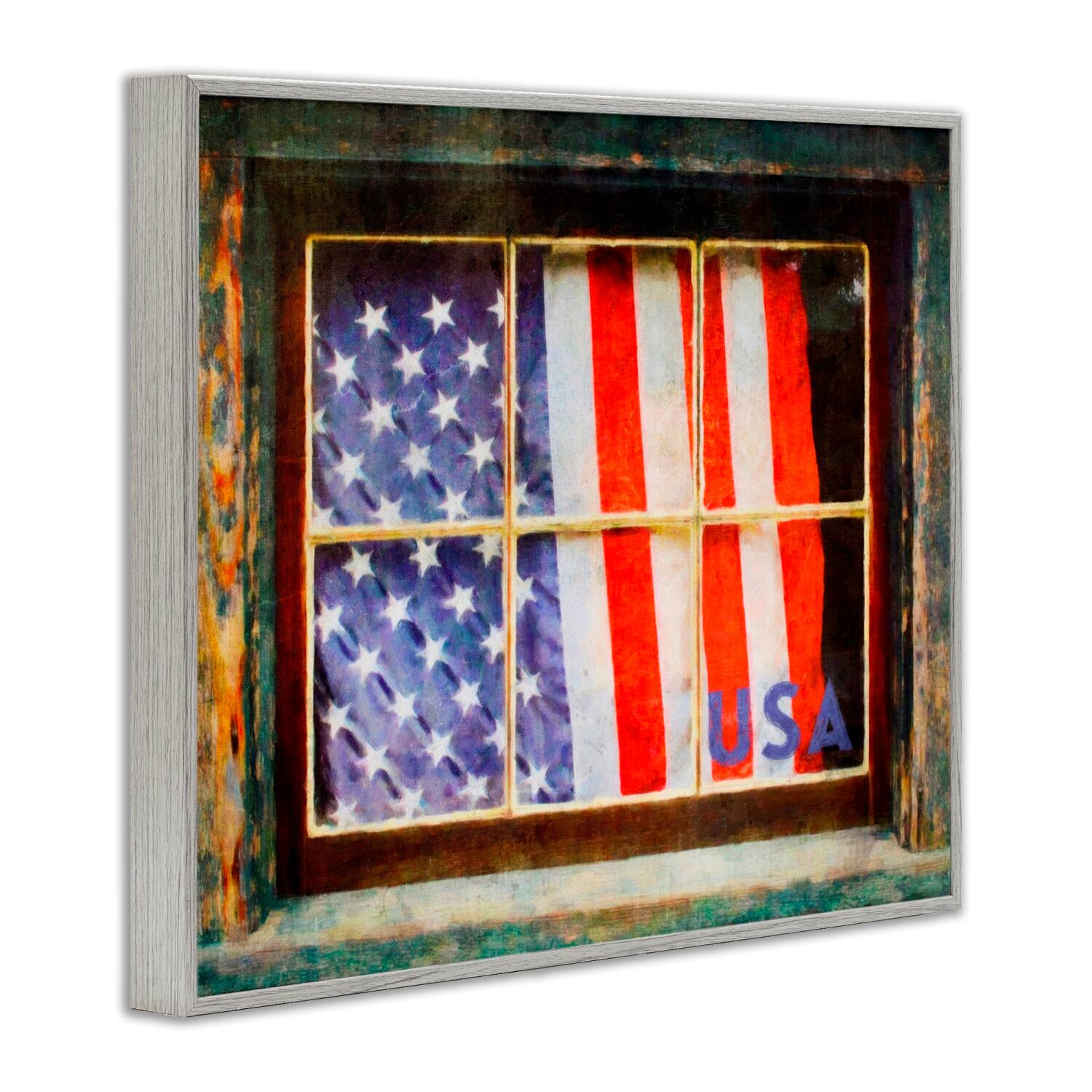 Stupell Industries Patriotic American Flag Rustic Window Festive Home Framed Giclee Art