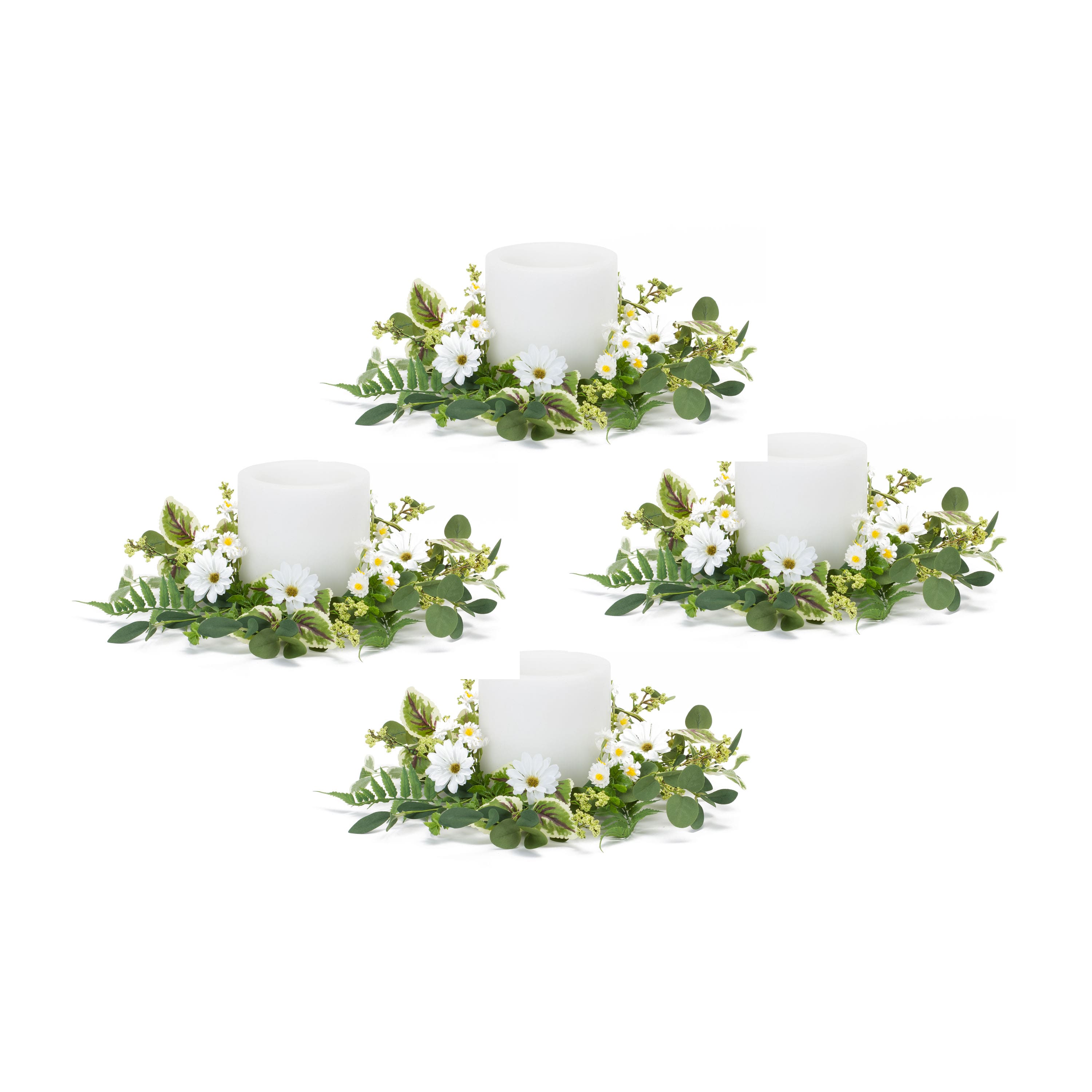 17" White Mixed Foliage & Daisy Candle Rings, 4ct.