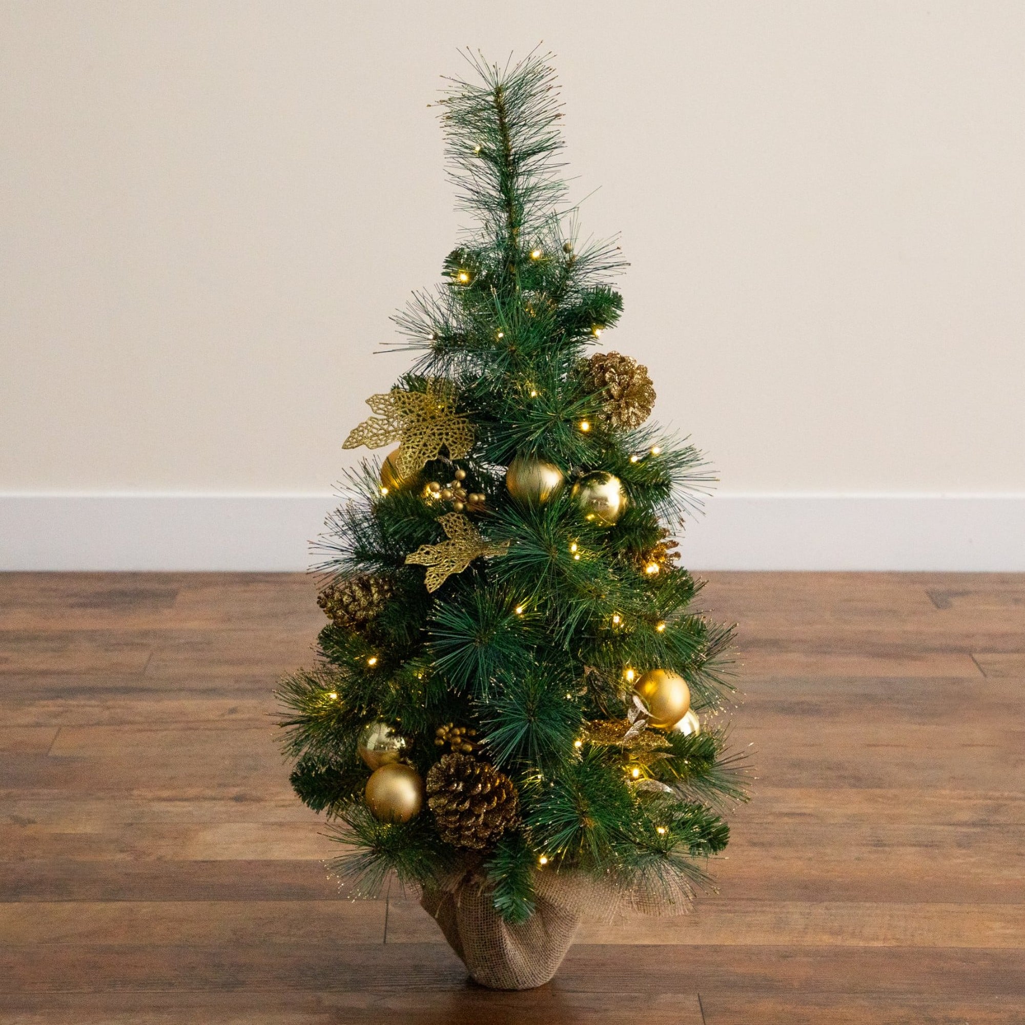Nearly Natural 3ft. Pre-Lit Artificial Christmas Tree with Gold Ornaments & Pinecones in Jute Wrapped Base, Warm Lights