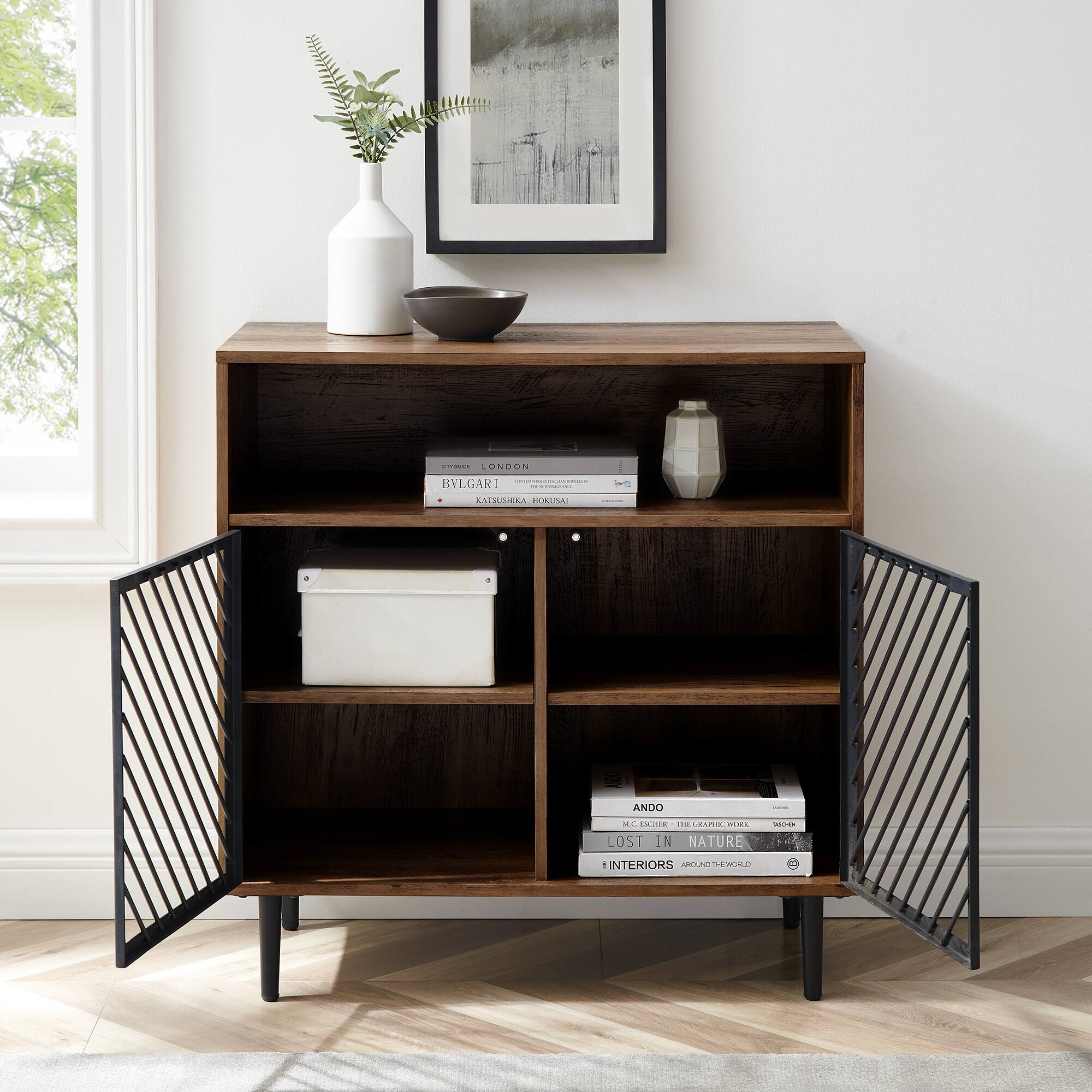 Walker Edison 32" Reclaimed Barnwood Modern Slanted Metal Door Accent Cabinet