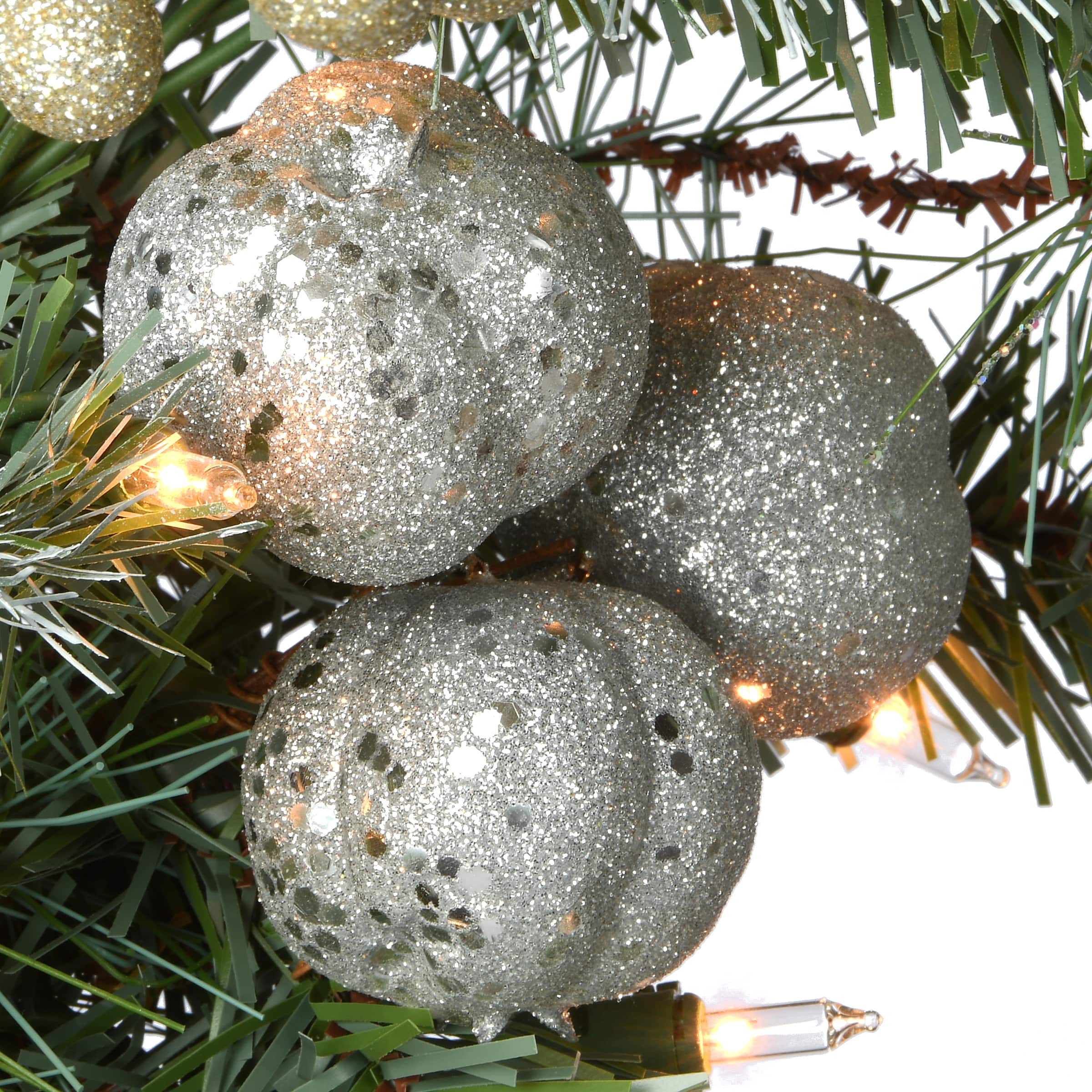 9ft. Pre-lit Glittery Pomegranate Pine Garland with Silver Pomegranates,Champagne Berries Frosted Tips and 100 Clear Lights