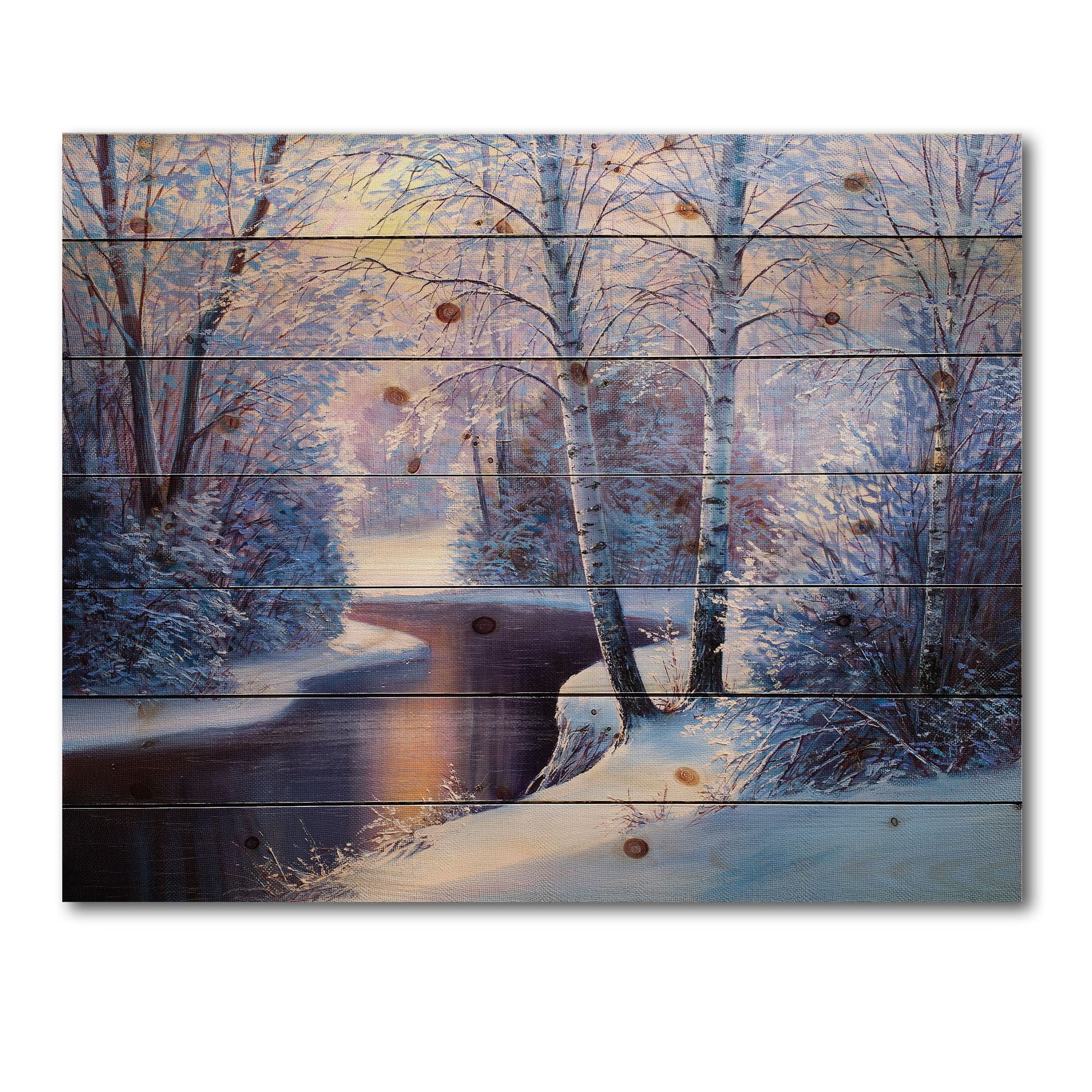 Designart Christmas Forest with River & Trees I Print on Natural Pine Wood