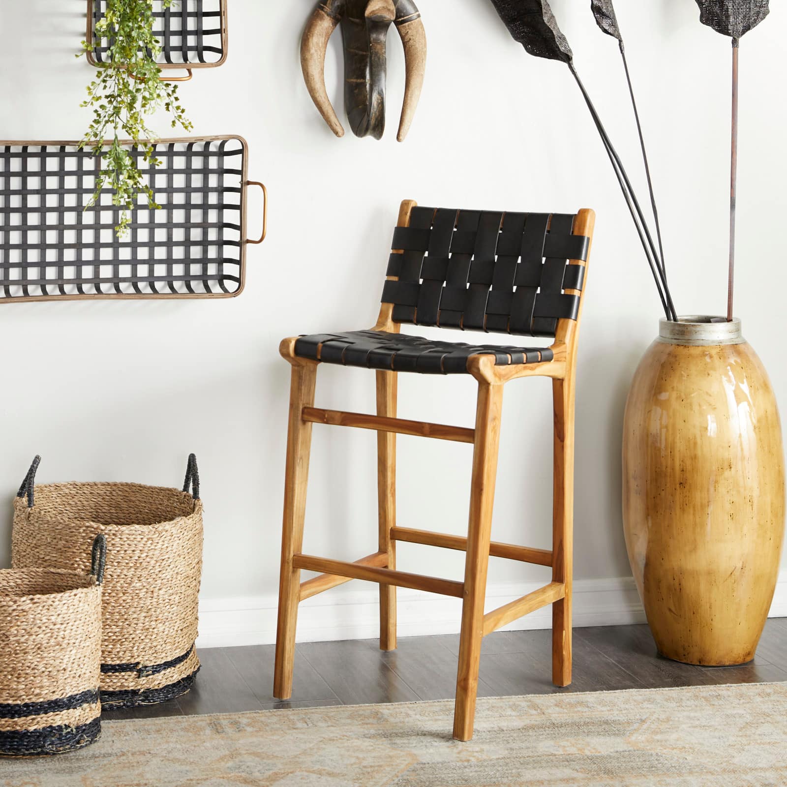 Black Teak Wood Modern Bar Stool 18" x 18" x 40"