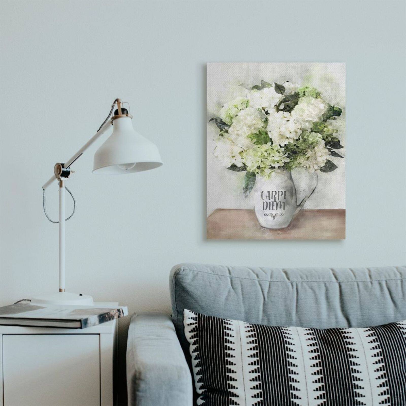 Stupell Industries Carpe Diem with White Hydrangea Bouquet Canvas Wall Art