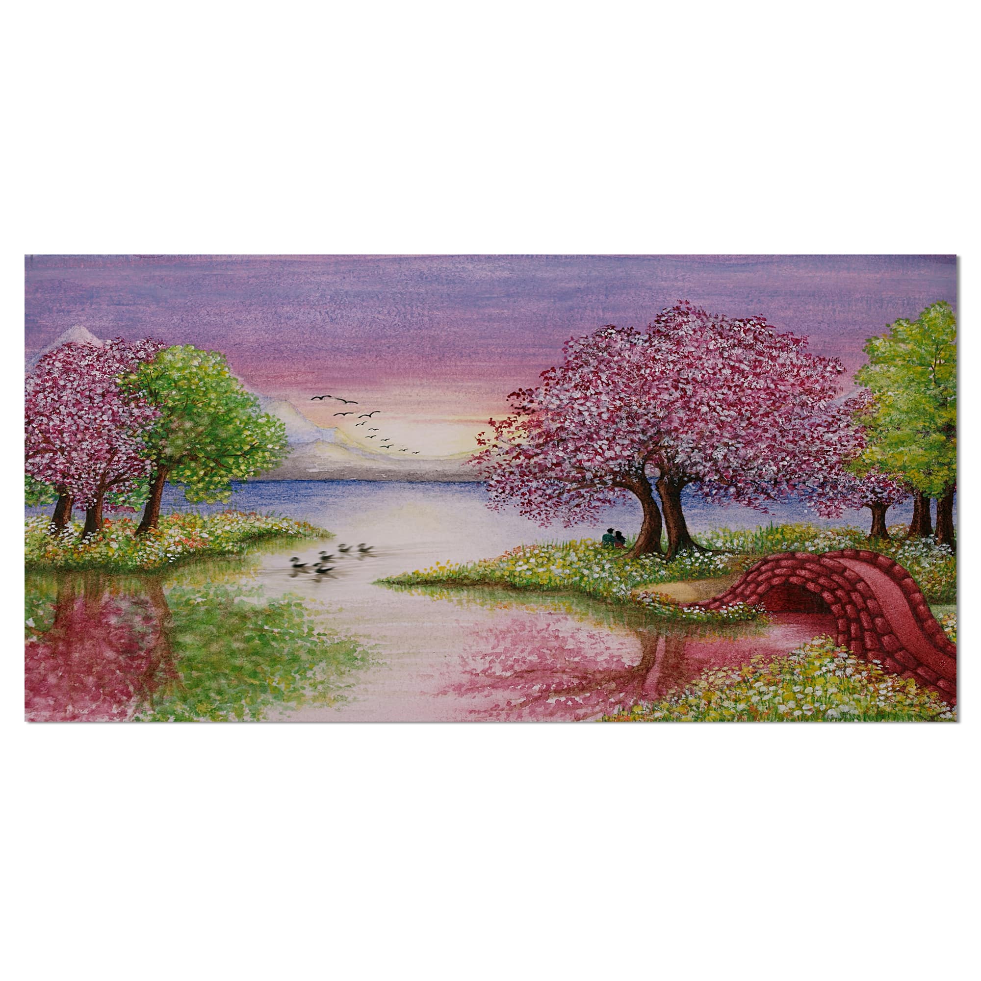 Designart - Romantic Lake in Pink and Green - Extra Large Wall Art Landscape