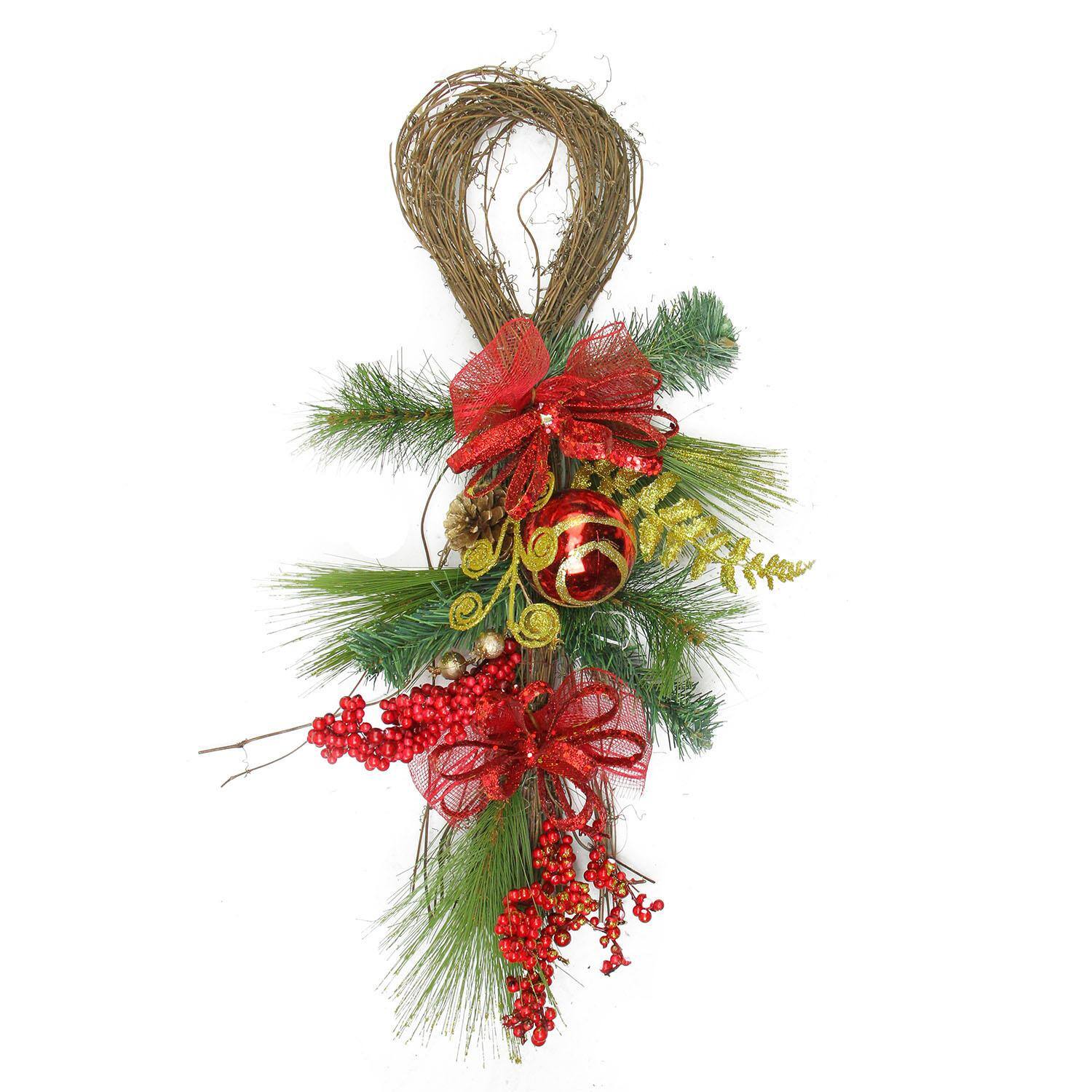 Northlight 28" Red Ornament and Berry Gold Glittered Christmas Teardrop Swag - Unlit - Red