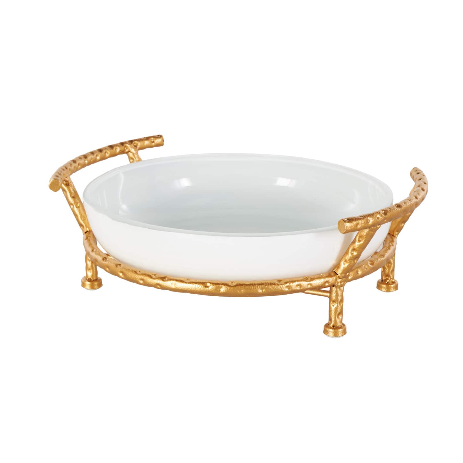 14.5" White Tempered Glass Kitchen Serving Bowl with Gold Metal Stand