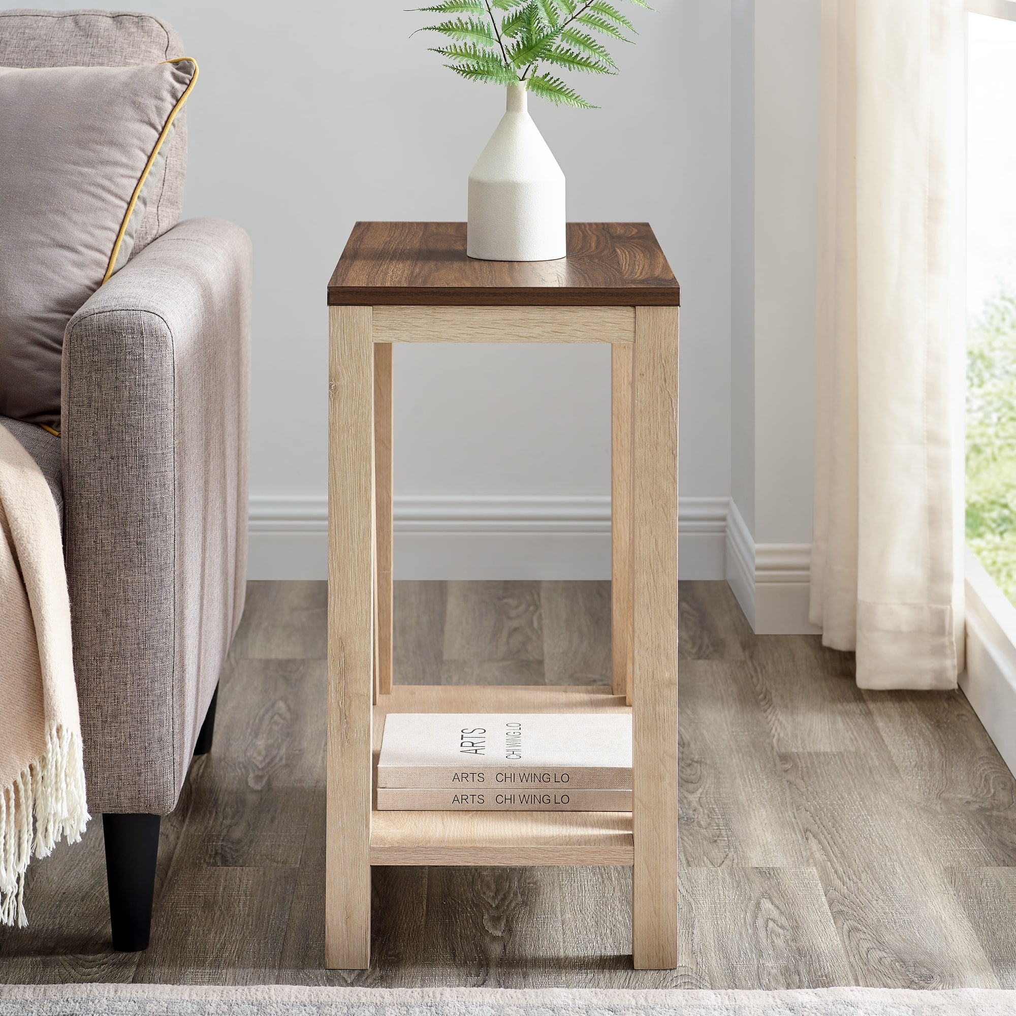 Walker Edison Dark Walnut & White Oak Narrow A-Frame Side Table