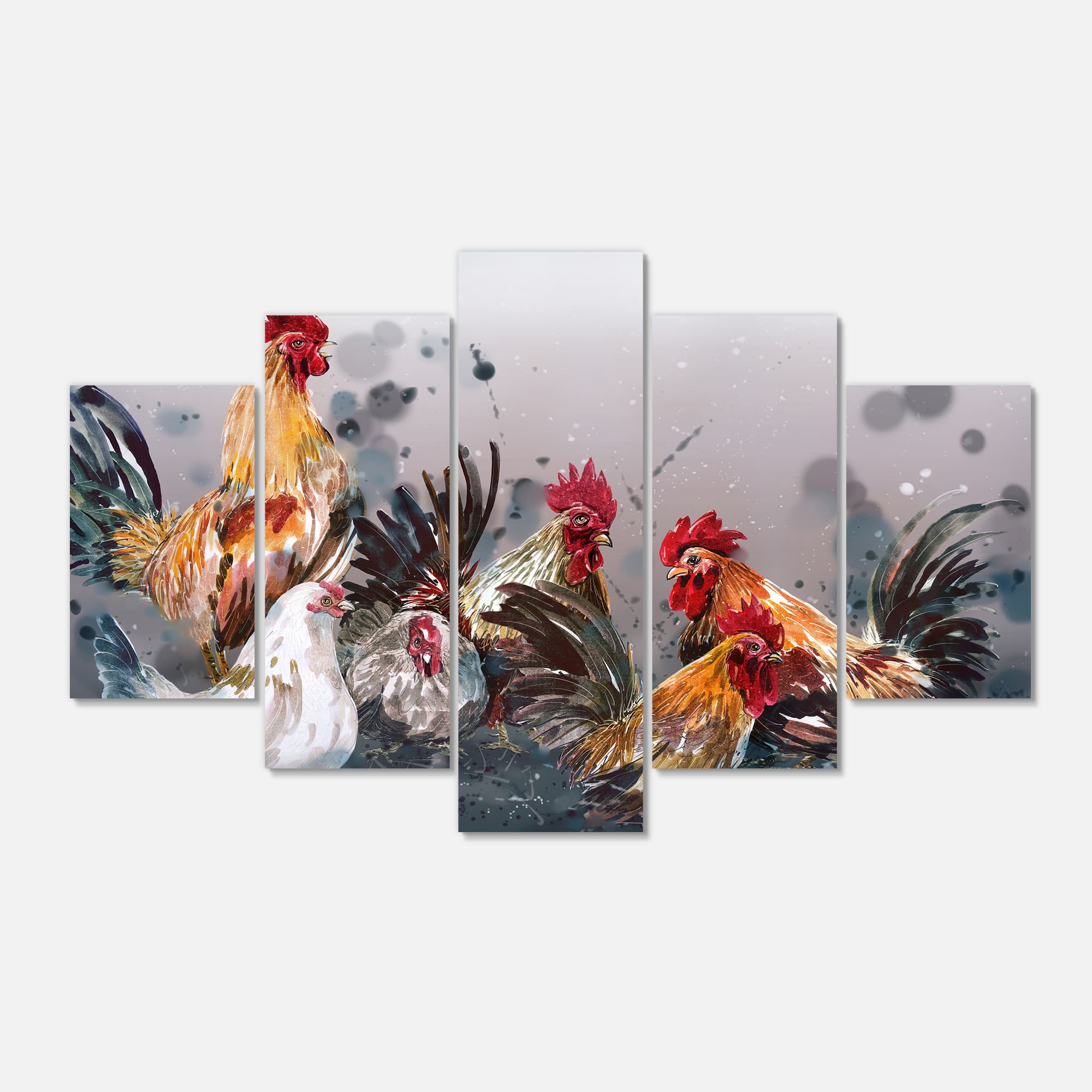 Designart - Group of Rooster in Gray Farm background - Farmhouse Animal Painting Print on Wrapped Canvas