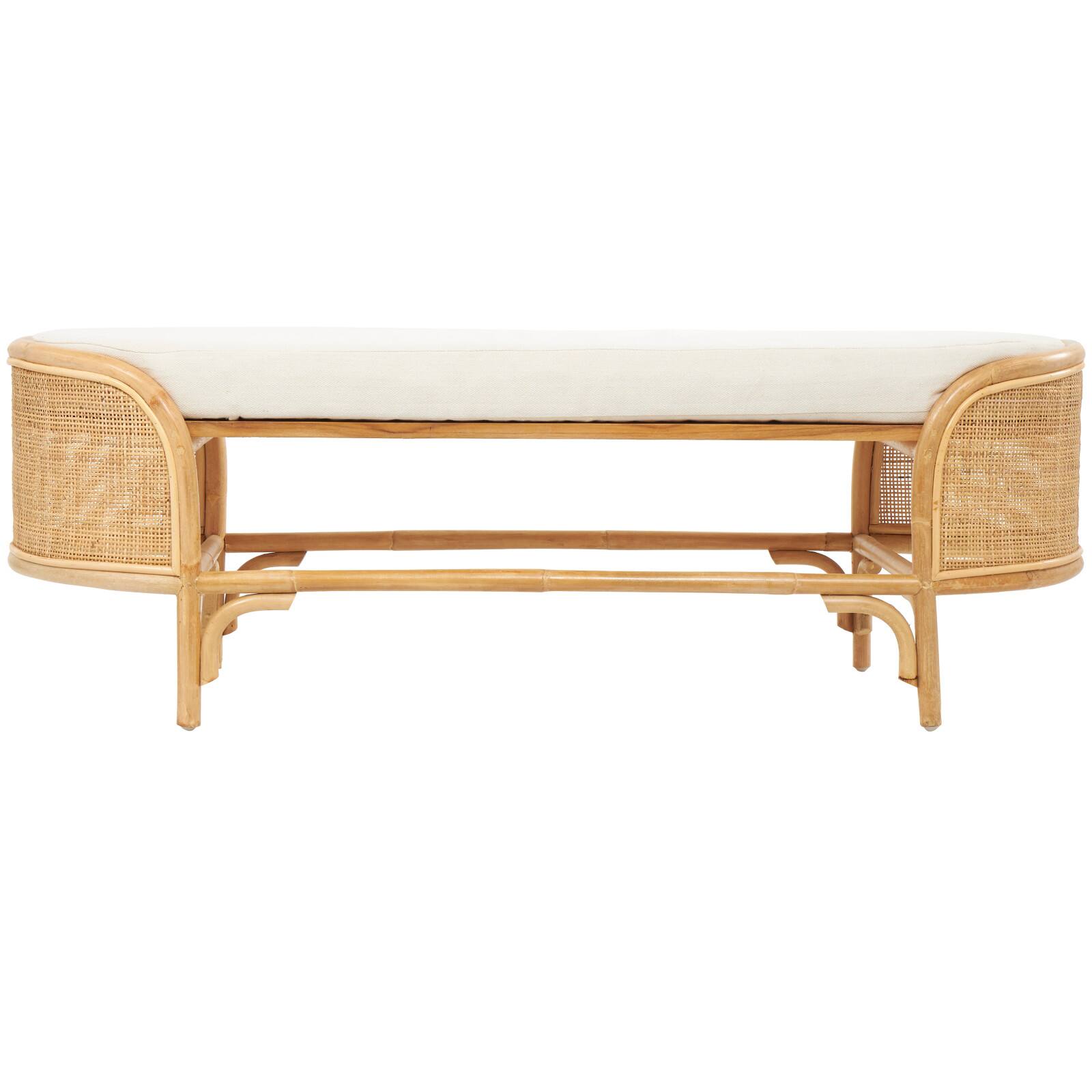 49" Brown Rattan Handmade Oval Bench with White Fabric Cushion