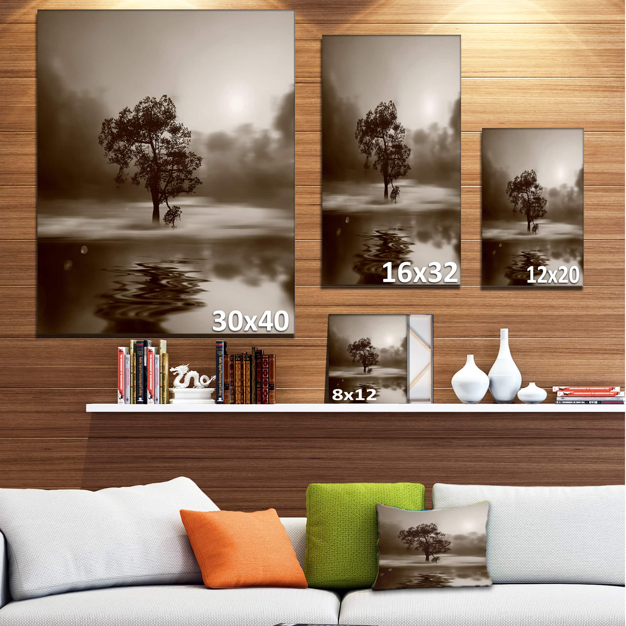 Designart - Alone Tree on Island in Sepia - Extra Large Wall Art Landscape