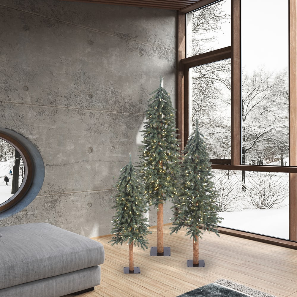 4ft., 5ft., & 6ft. Pre-Lit Natural Bark Alpine Artificial Christmas Tree Set, Clear Lights