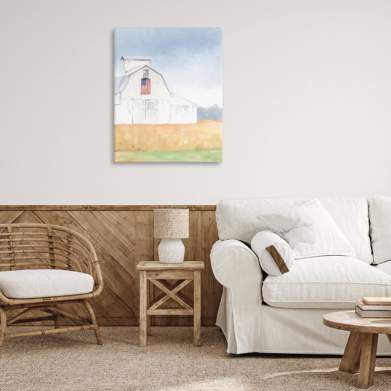 Stupell Industries American Flag White Country Barn Rural Scenery Canvas Wall Art