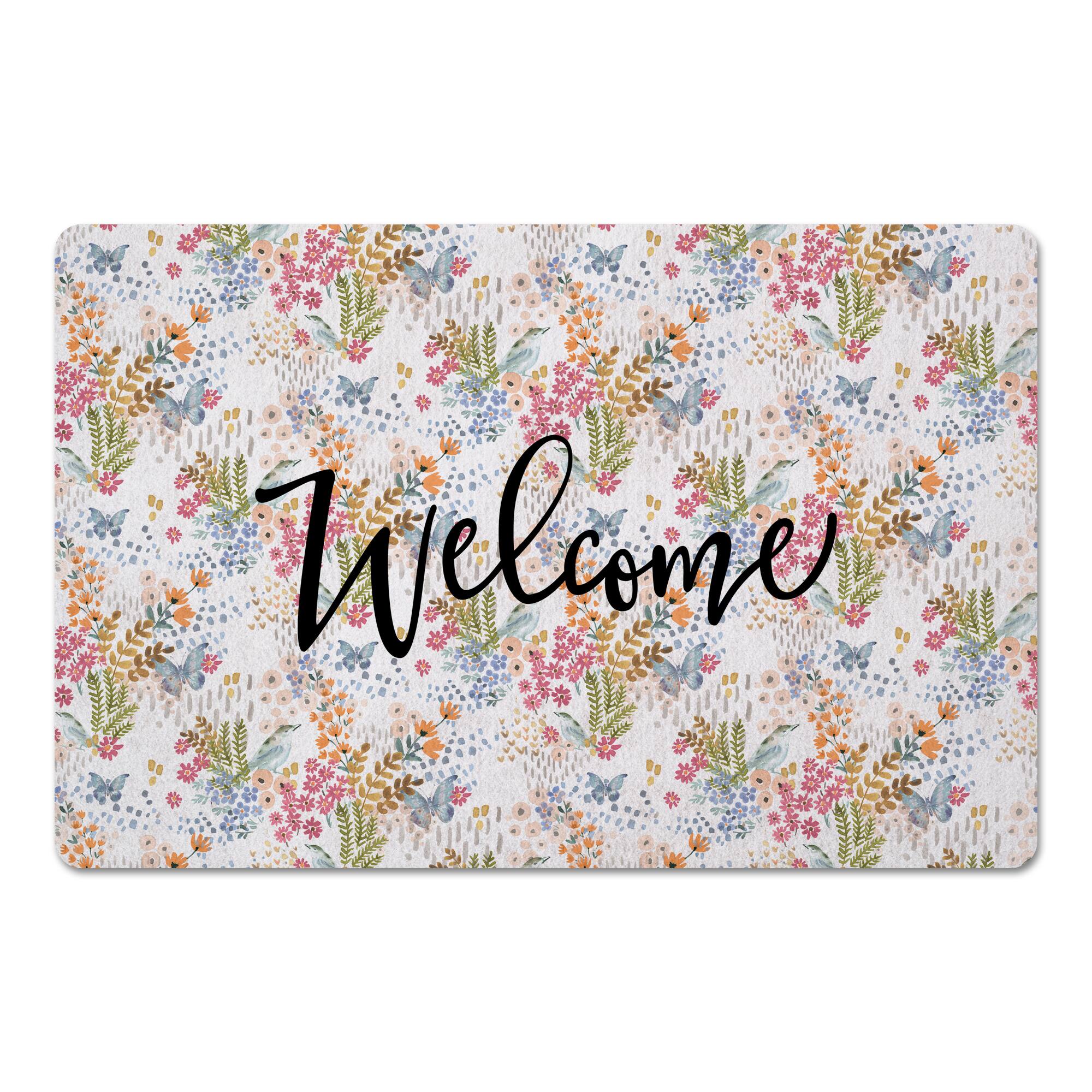 Welcome Butterfly Bird Floral Floor Mat