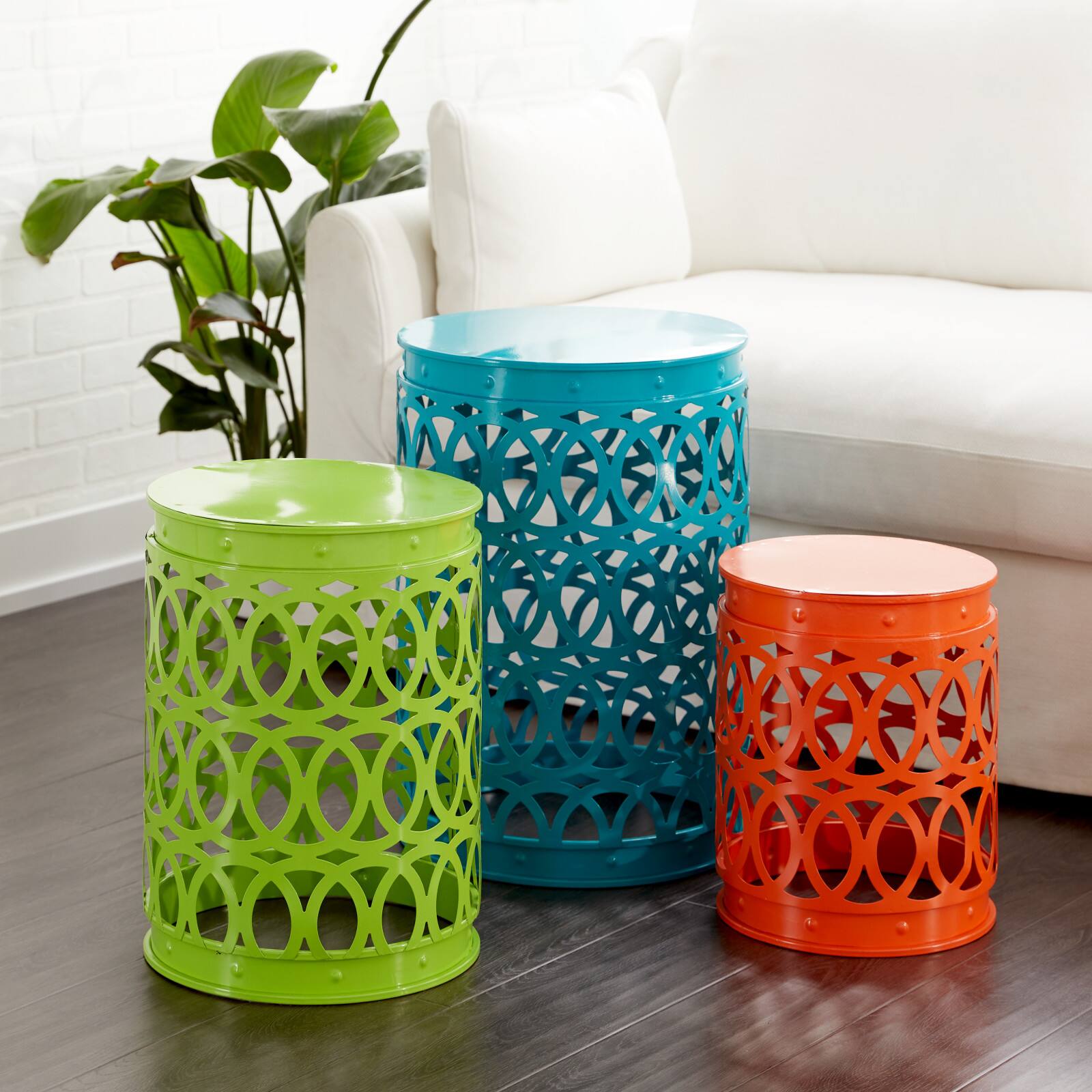 Aqua, Green & Orange Metal Coastal Accent Table Set