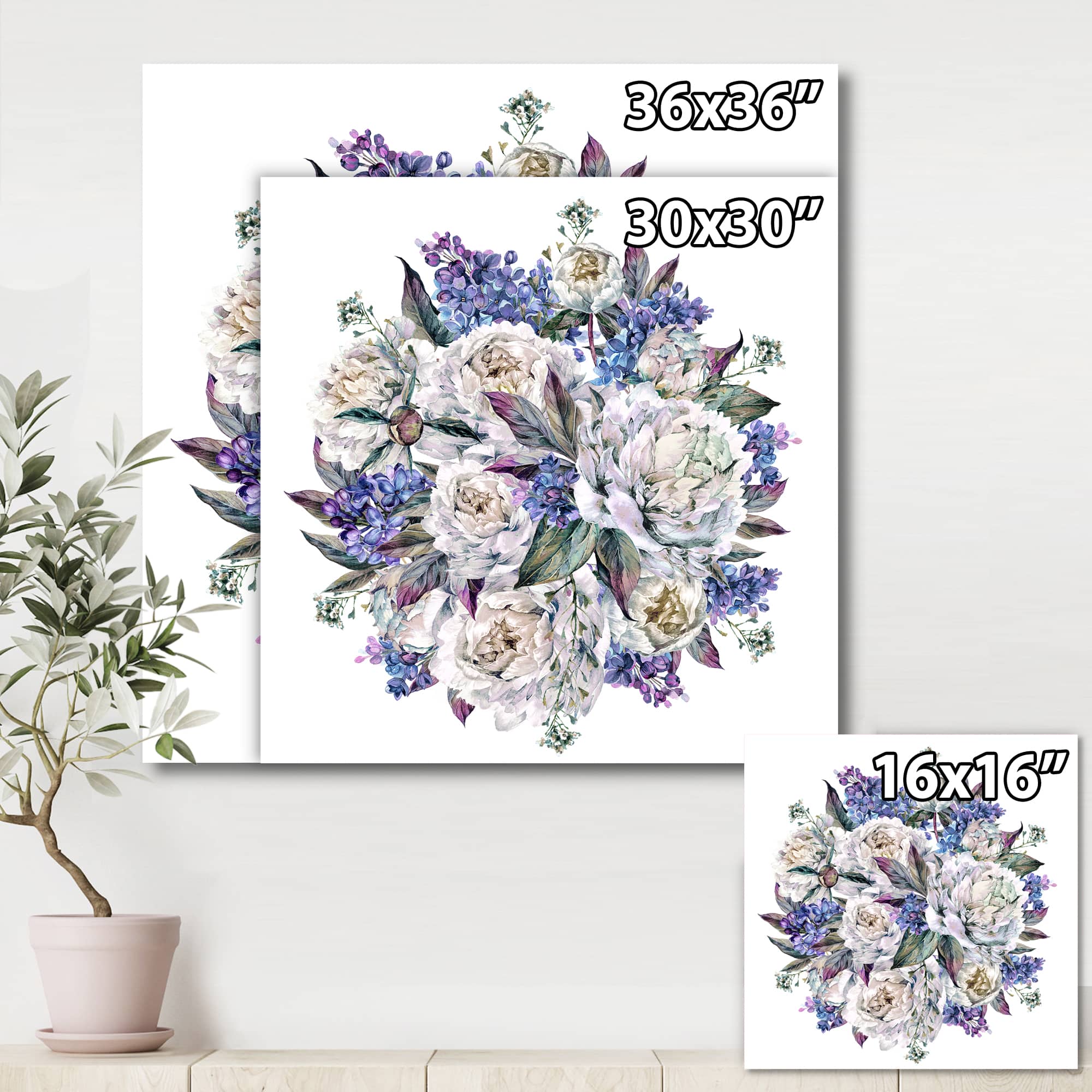 Designart - Bouquet Peonies In White and Blue - Traditional Canvas Wall Art Print