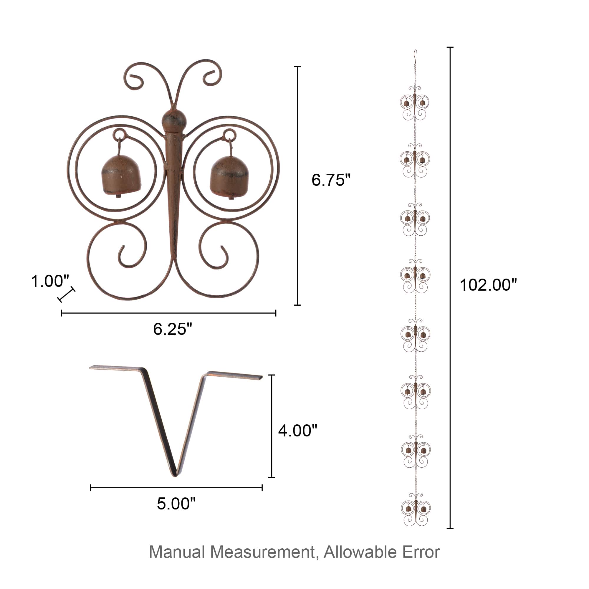 Glitzhome® 8.5ft. 8-Piece Faux Copper Butterfly-Shaped Rain Chain with V-Shaped Gutter Clip