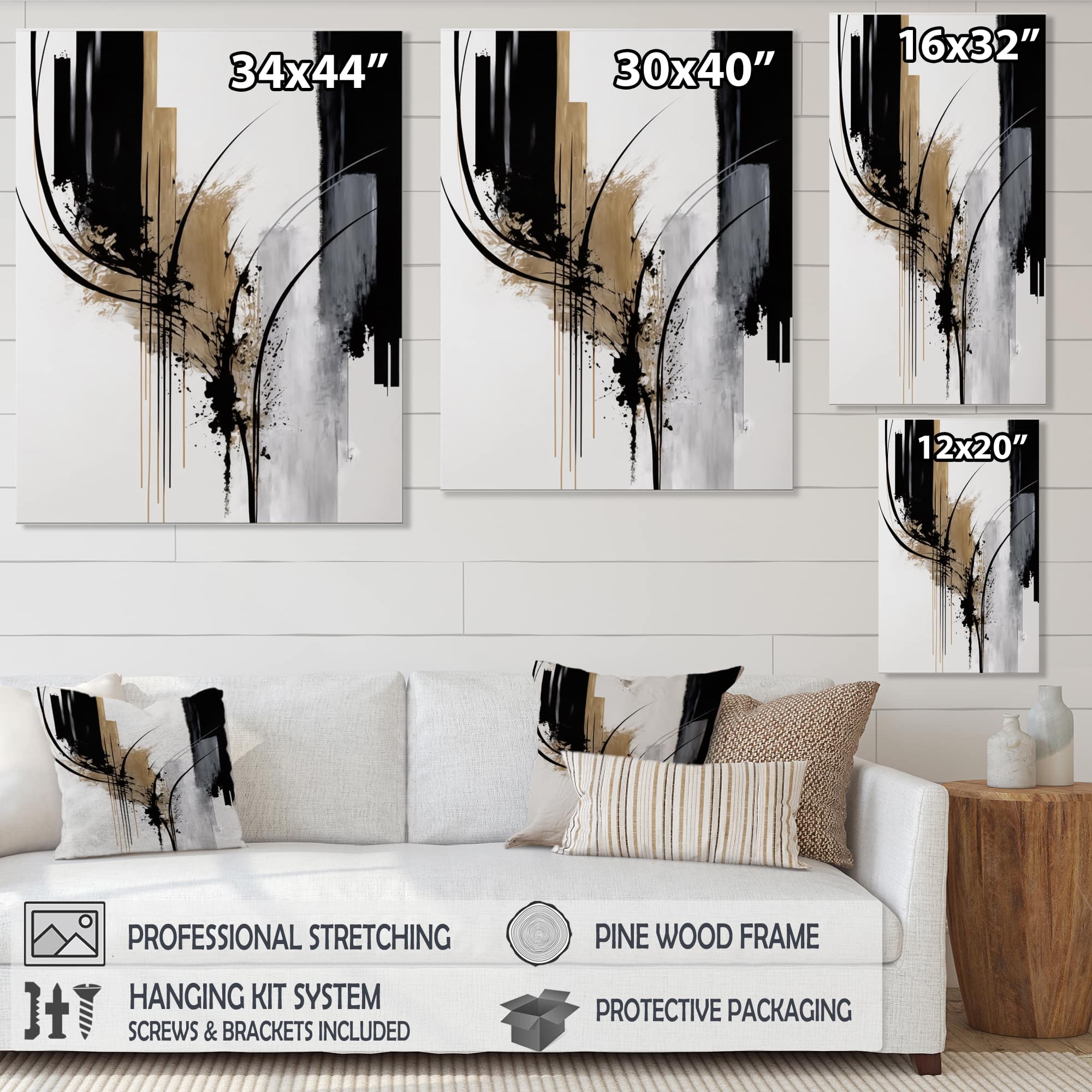 Designart 'Black, White And Gold Expression II' Modern Canvas Wall Art