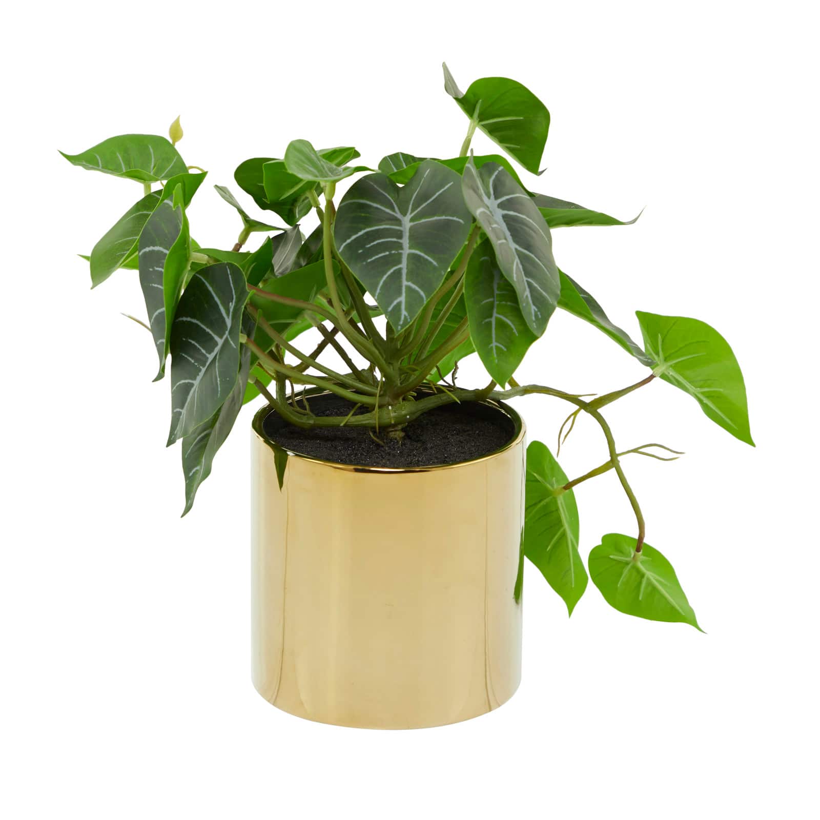 14" Green Faux Foliage Pothos Artificial Plant With Gold Porcelain Pot