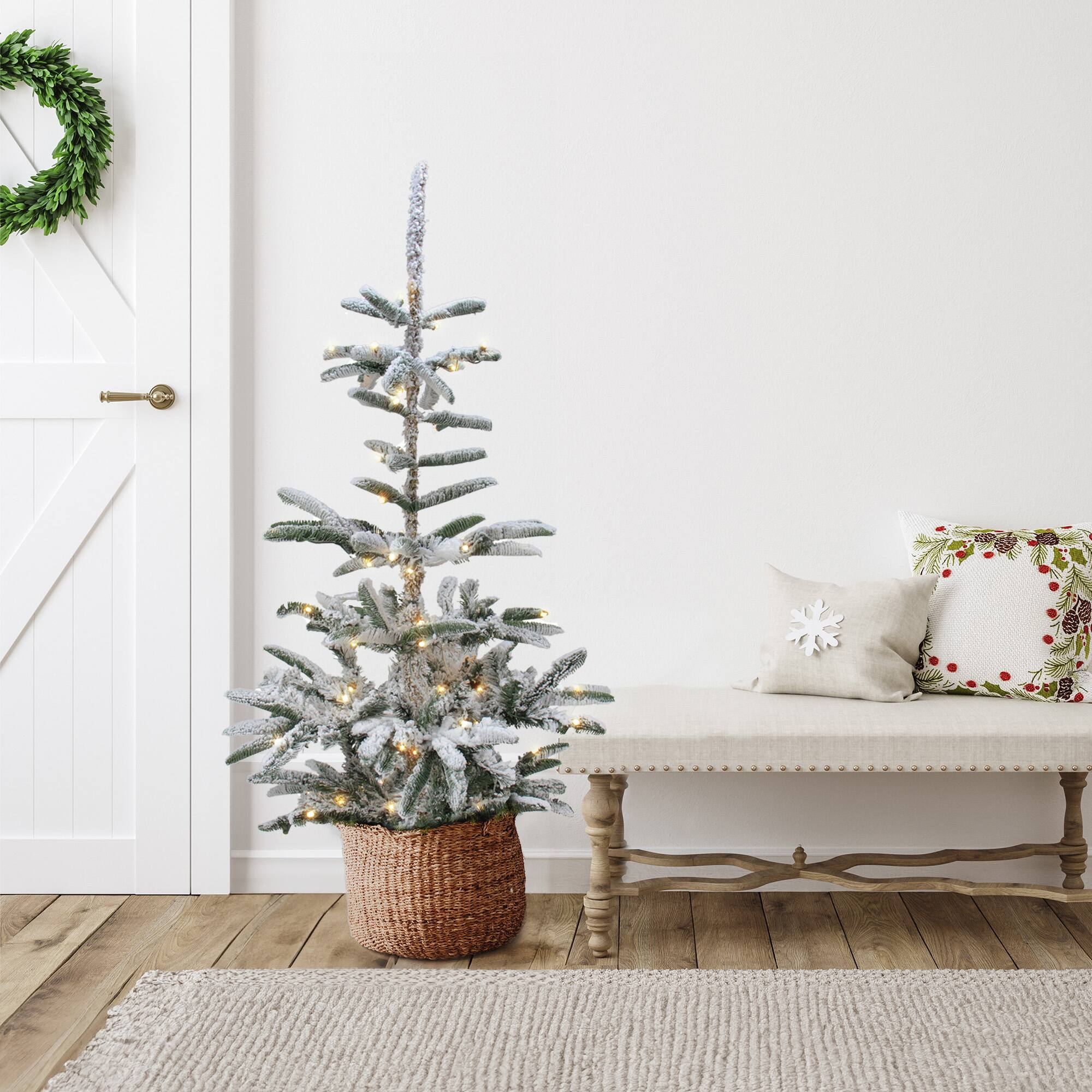 4.5ft. Pre-Lit Flocked Nordmann Fir Artificial Christmas Tree, Clear LED Lights