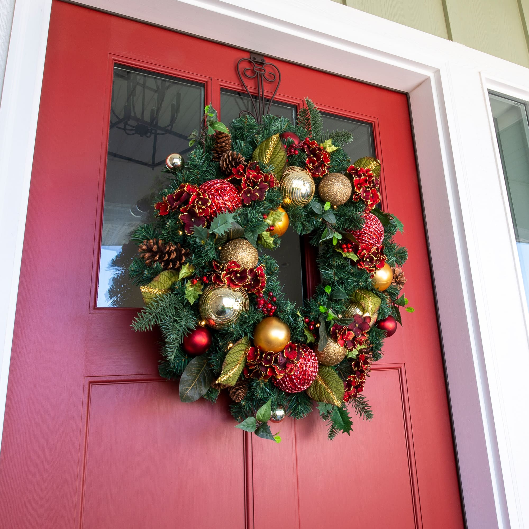 Village Lighting 30" Pre-Lit Scarlet Hydrangea Christmas Wreath, Clear LED Lights