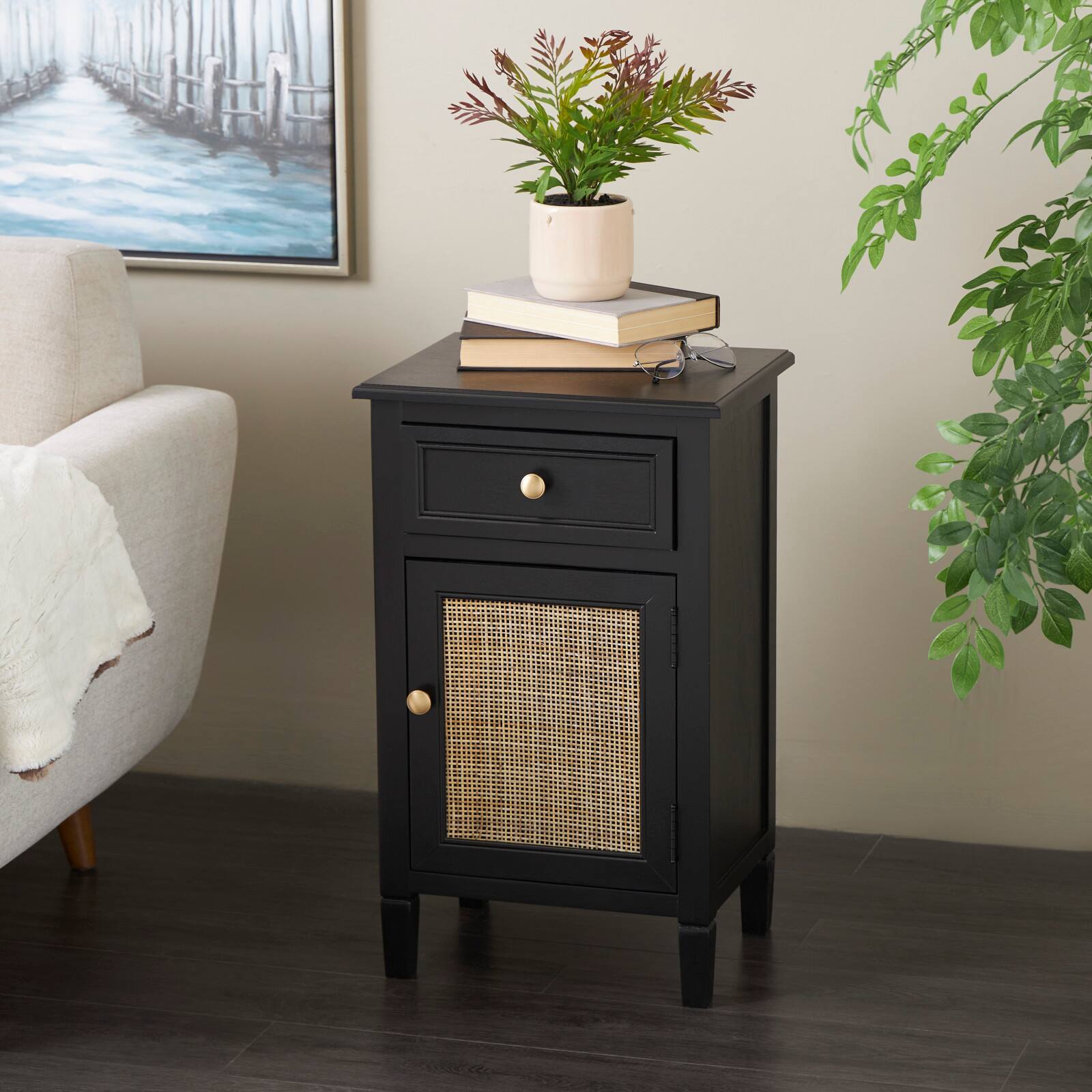 16" x 13" x 26" Black Handmade Room Cabinet with Rattan Front